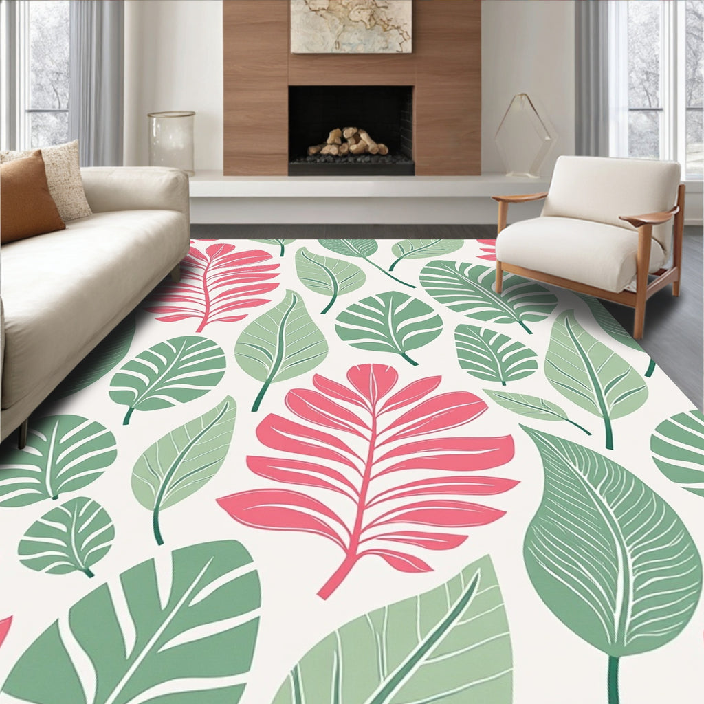 Coral Green Leaf Pattern Design Rug