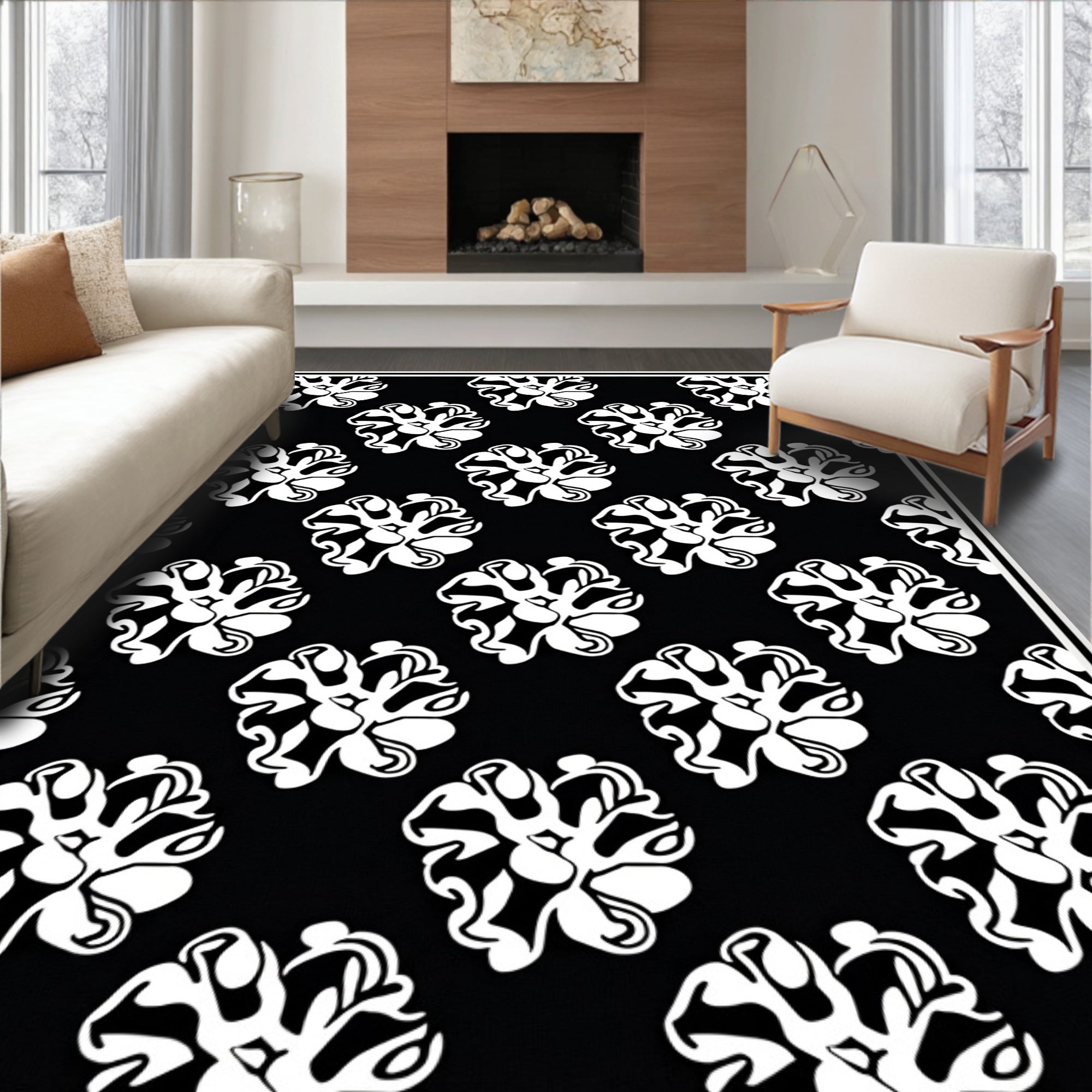 Bold Black White Floral Pattern Rug