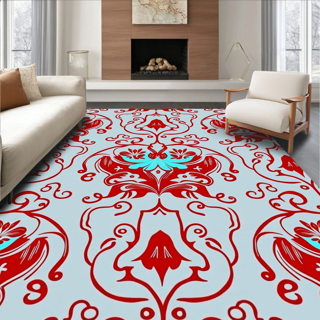 Red Blue Floral Damask Pattern Rug