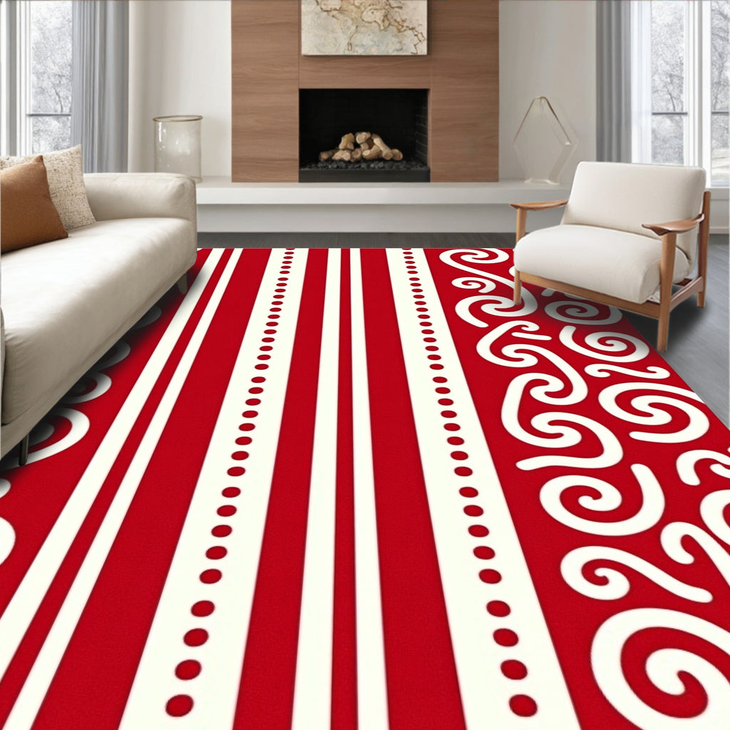 Red White Swirl Stripe Design Rug