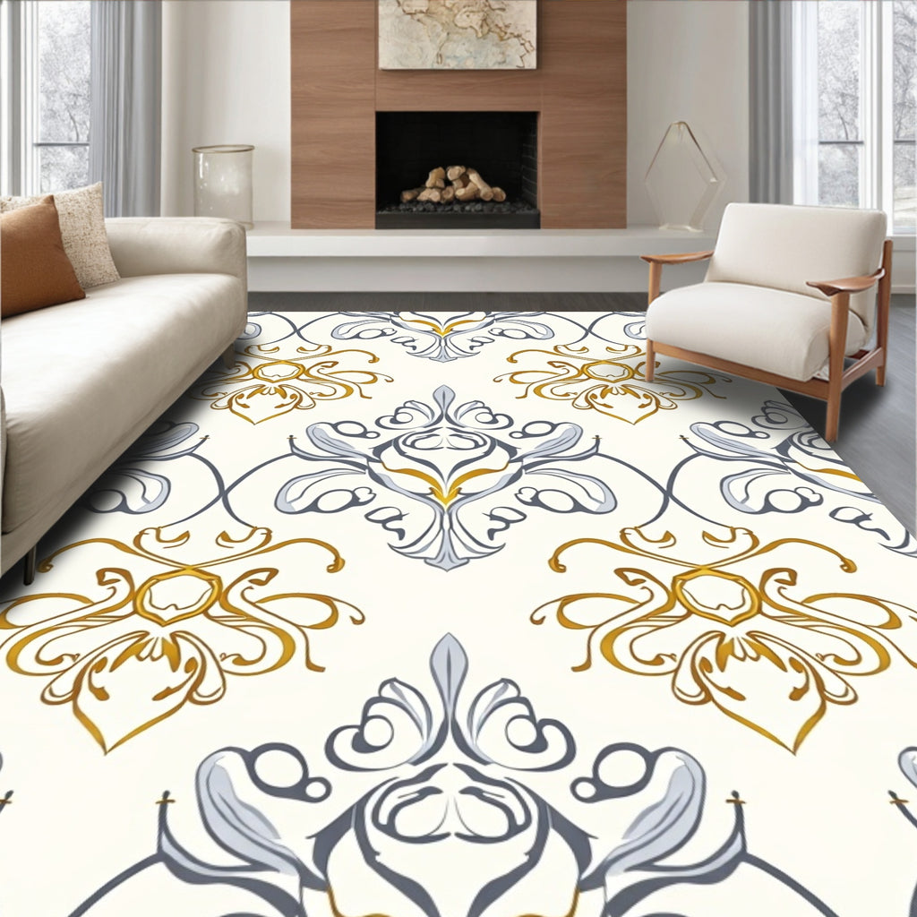 Gilded White Classic Damask Pattern Rug