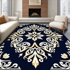 Ornamental Navy Gold Scrollwork Pattern Rug
