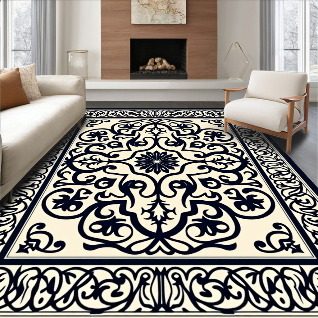 Ornate Black Cream Floral Swirl Rug