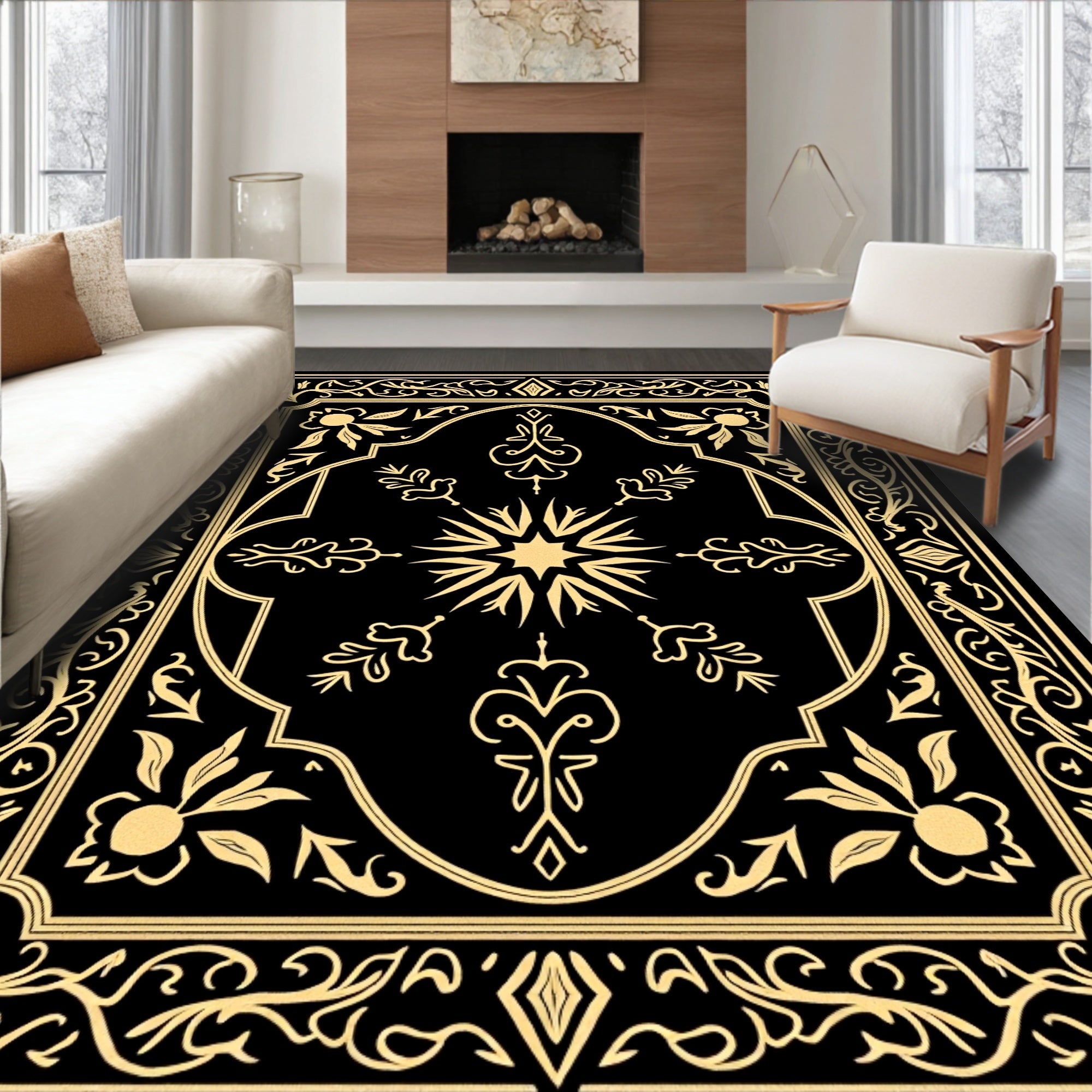 Golden Vintage Floral Symmetry Rug