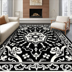 Classic Black White Floral Medallion Design Rug