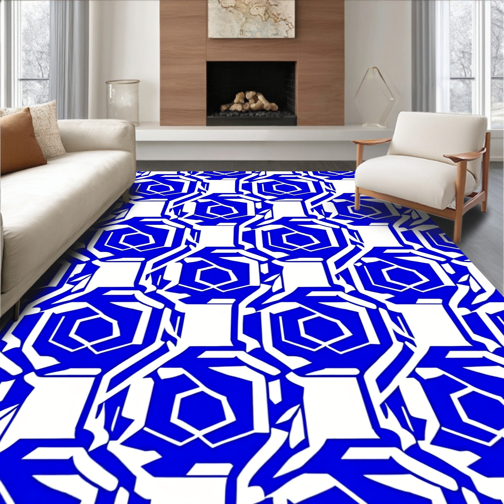 Bold Blue Geometric Abstract Pattern Rug