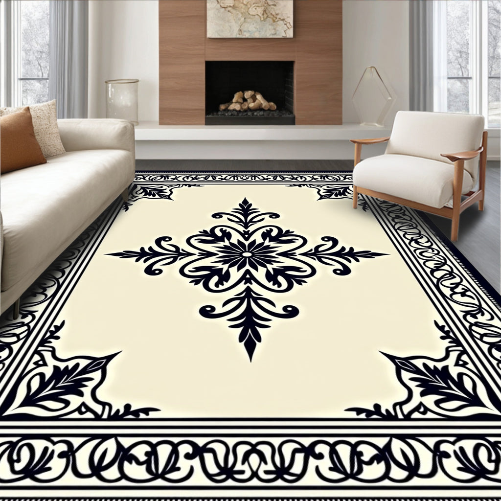 Classic Black Cream Floral Medallion Rug