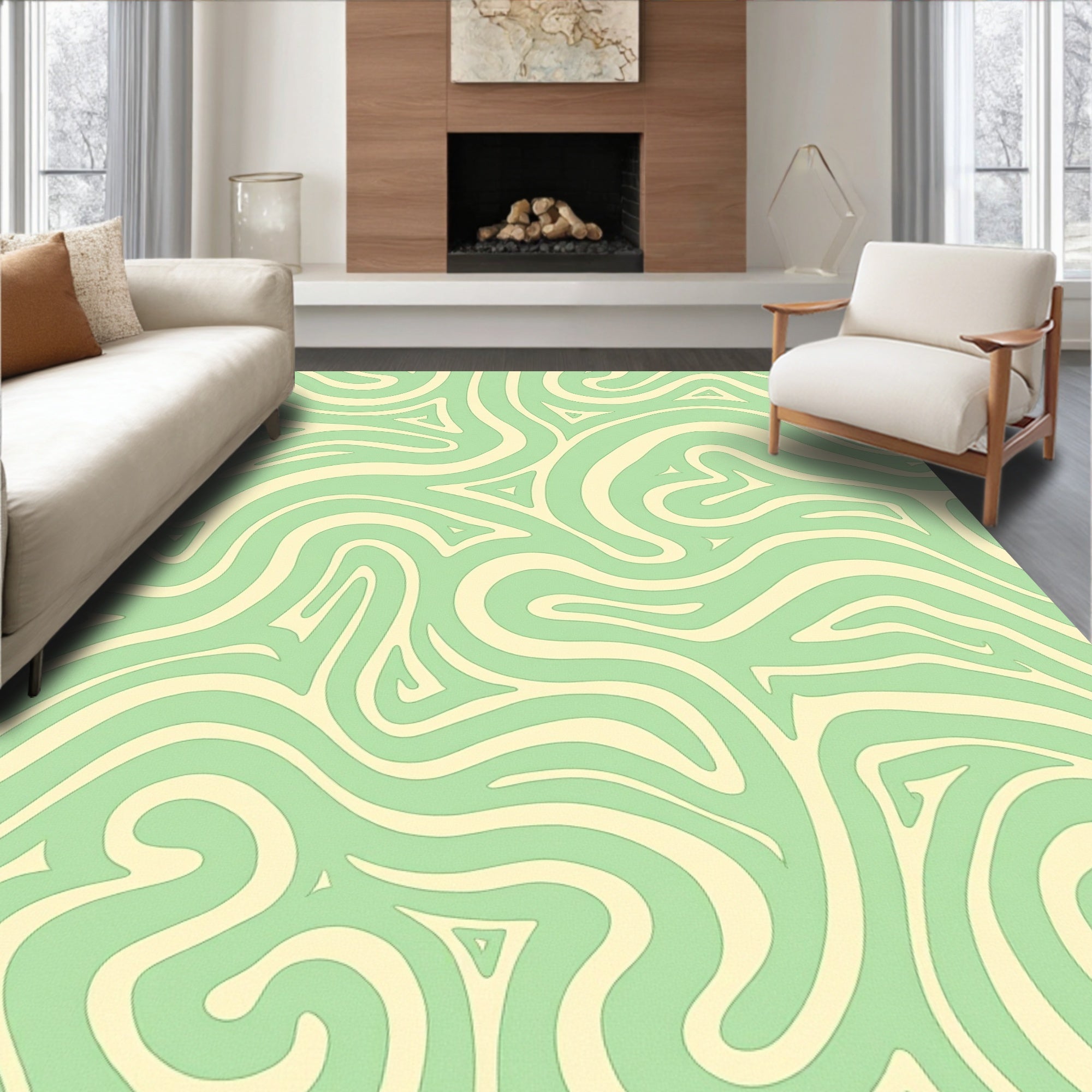 Mint And Cream Swirling Lines Rug