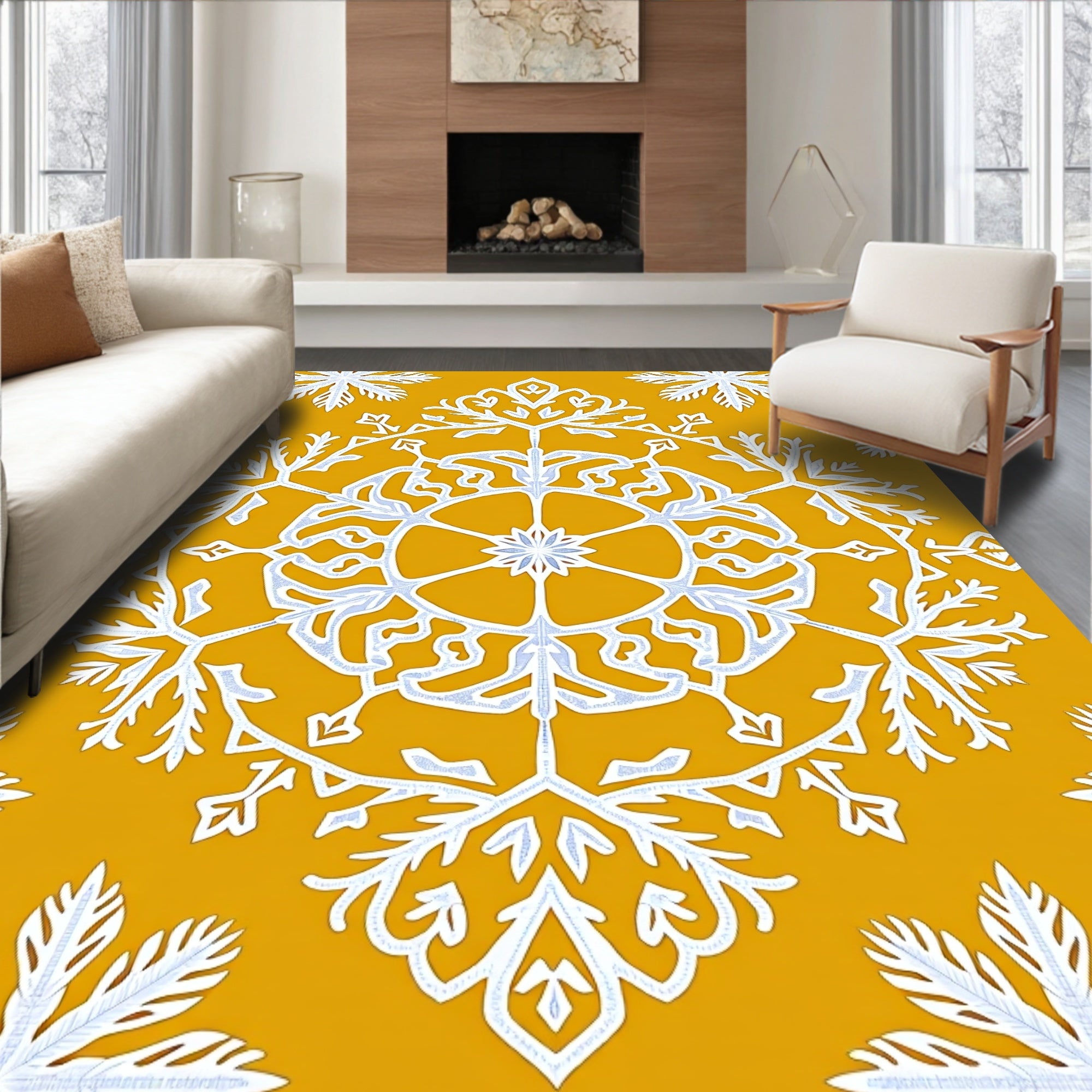 Golden Snowflakes Mandala Pattern Rug