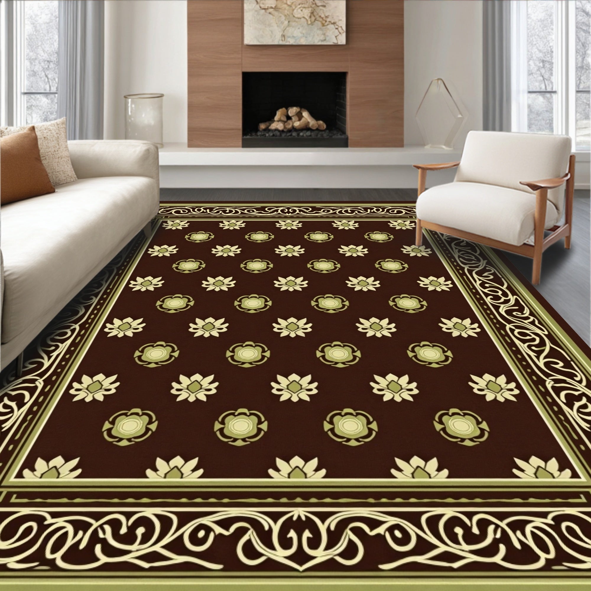 Ornate Floral Bordered Brown Rug