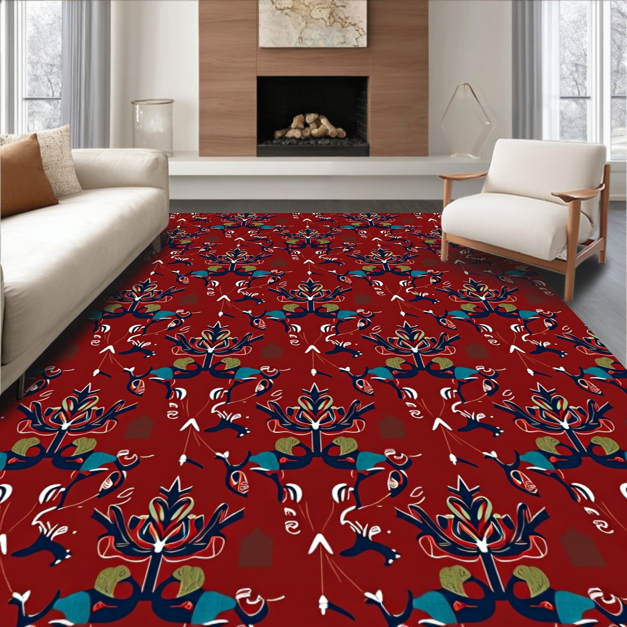 Red Indigo Floral Pattern Design Rug