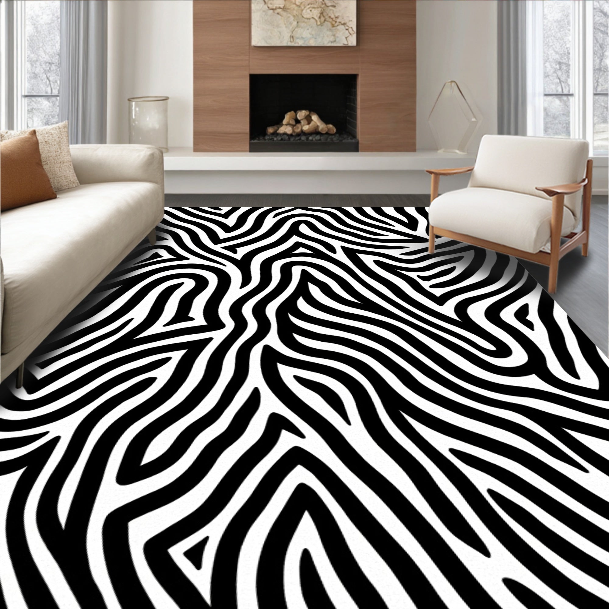 Bold Black White Wavy Pattern Rug