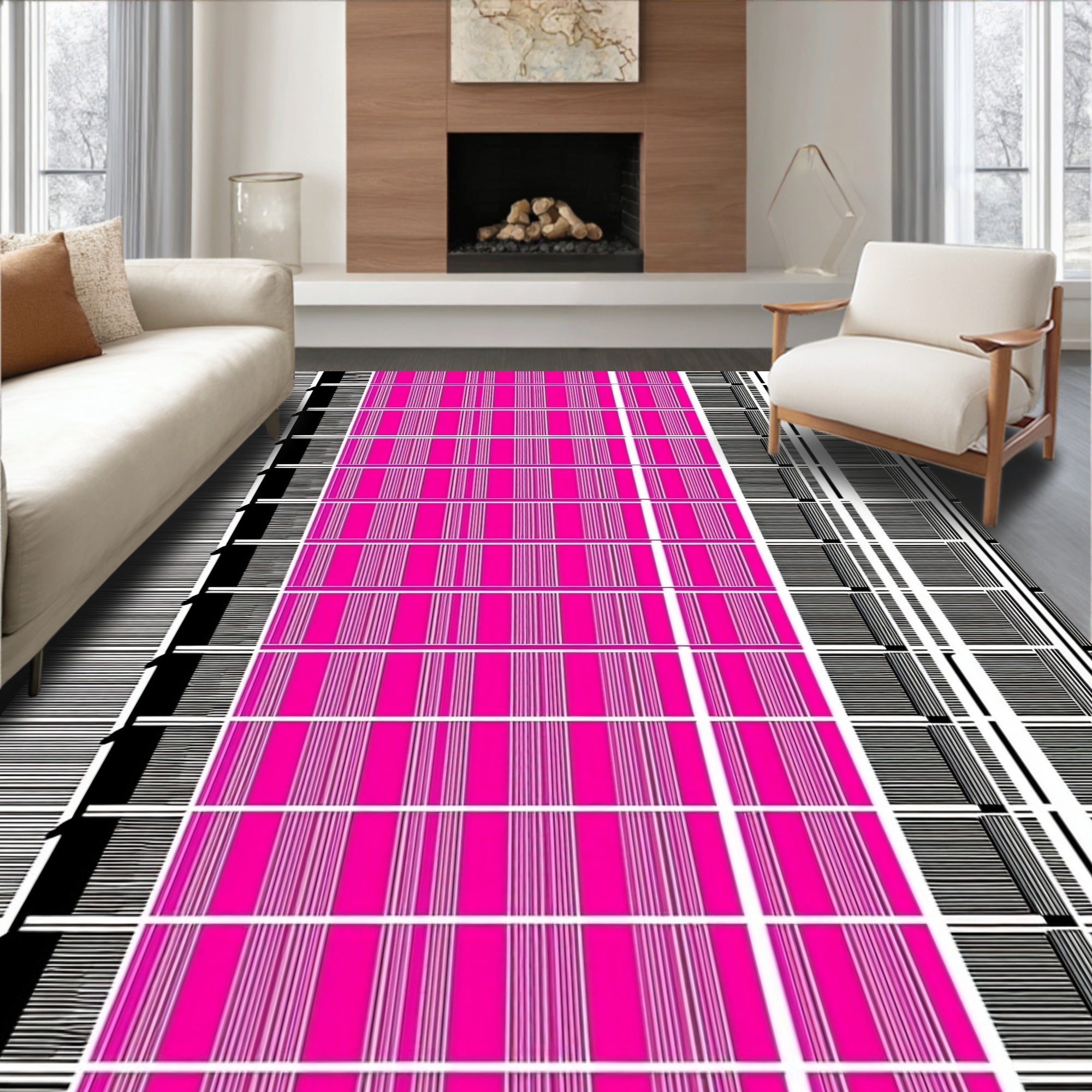 Retro Pink And Black Stripe Pattern Rug