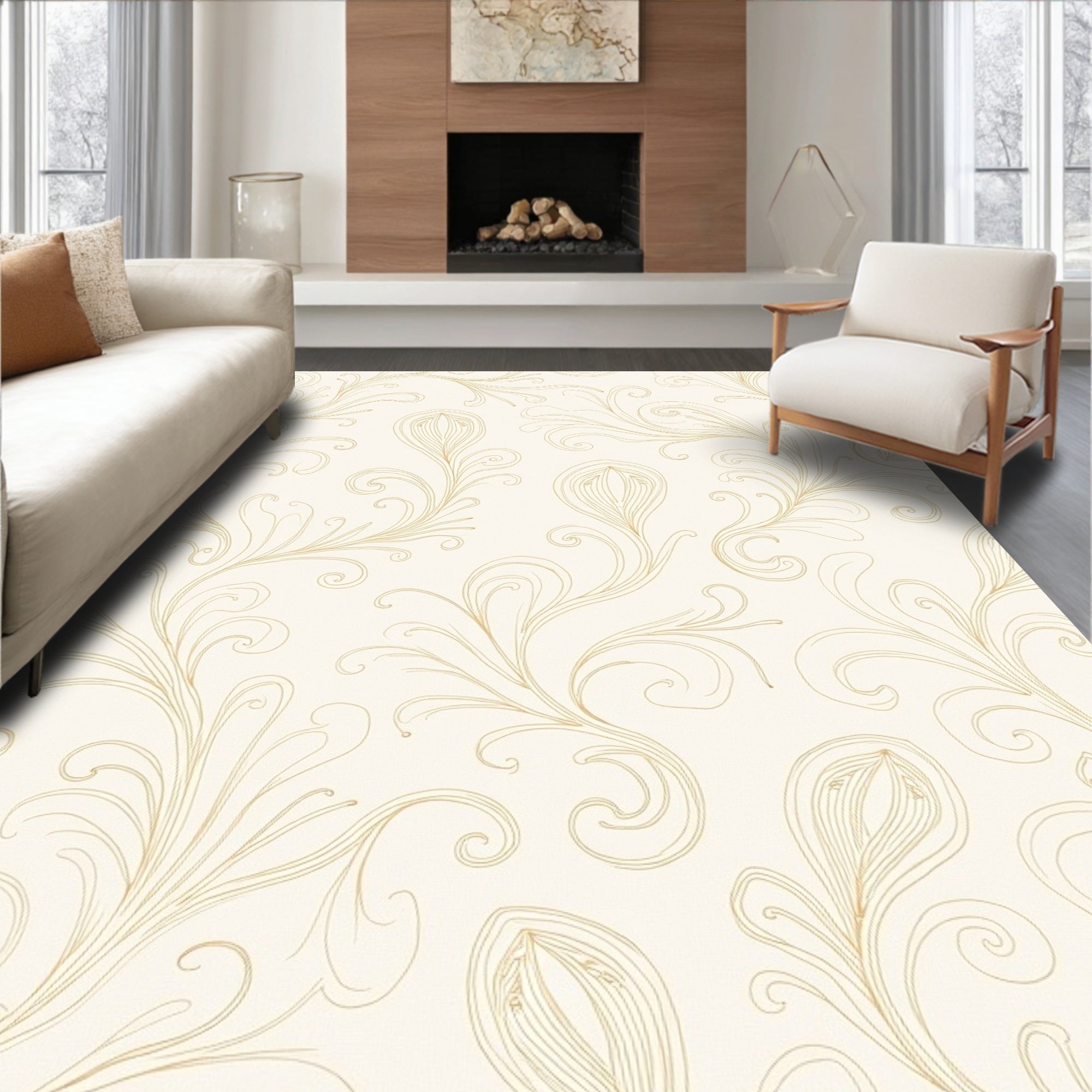 Elegant Gold Swirl Petal Pattern Rug
