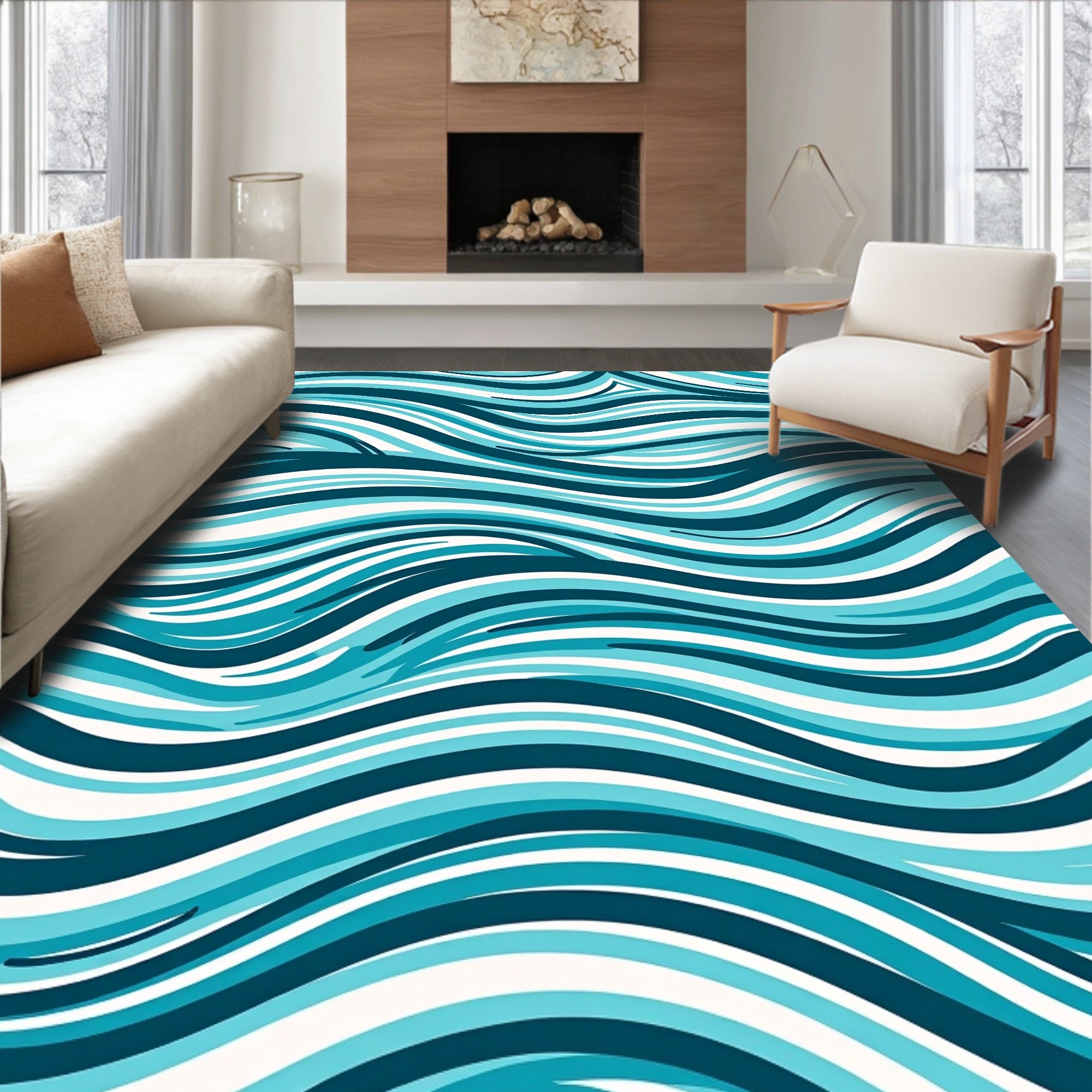 Aqua Waves Abstract Design Rug