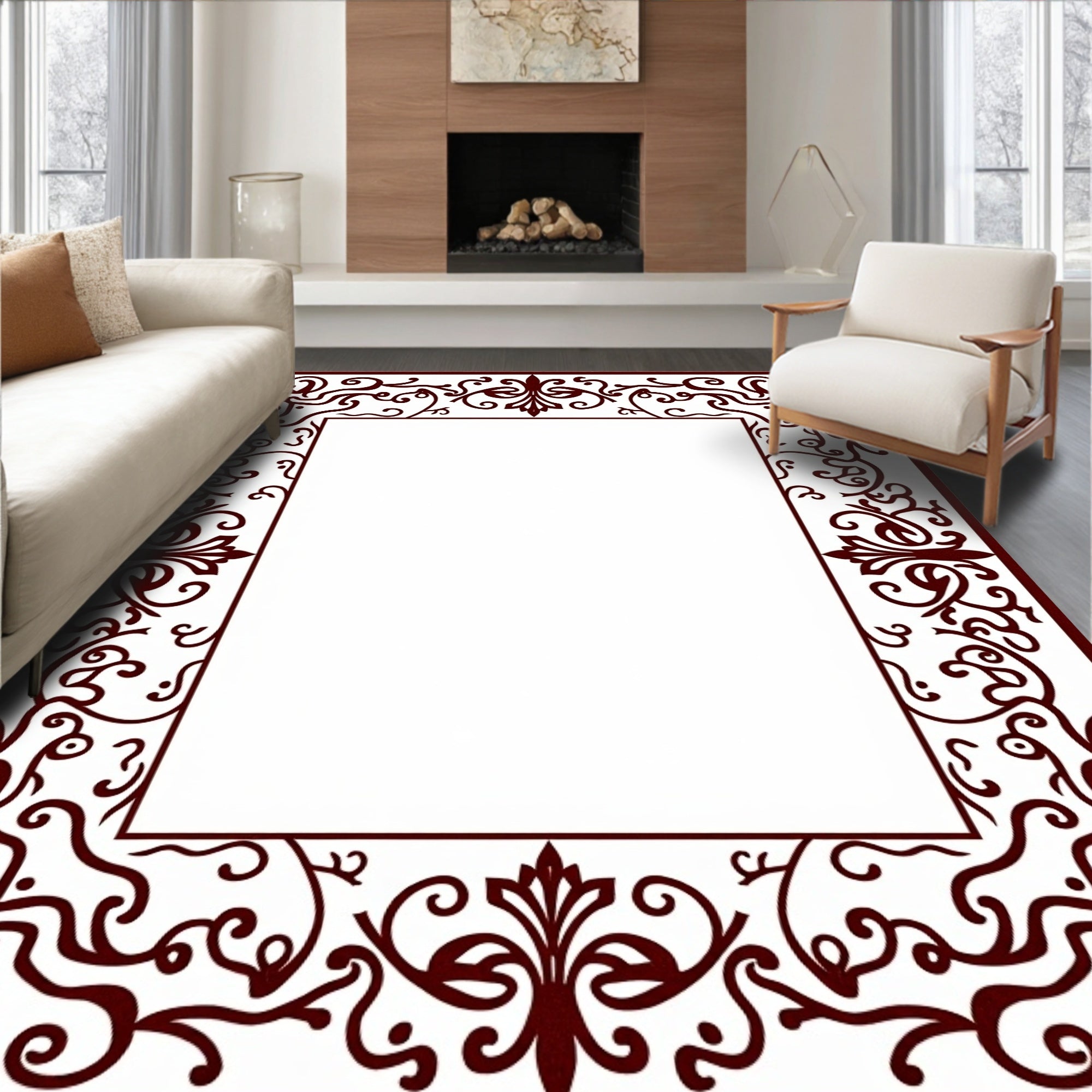 Intricate Dark Red Floral Scroll Frame Rug