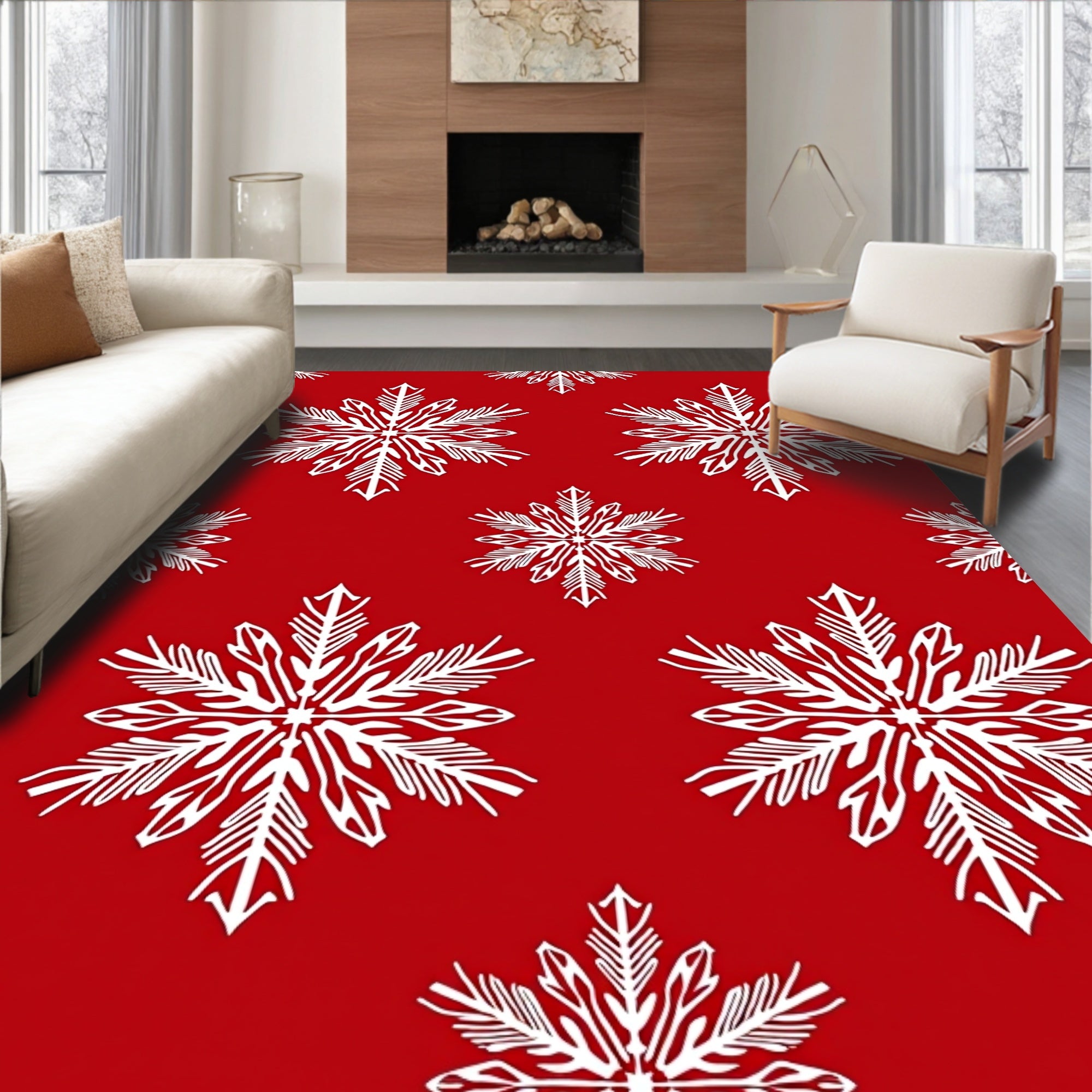 White Snowflake Patterned Festive Design Rug