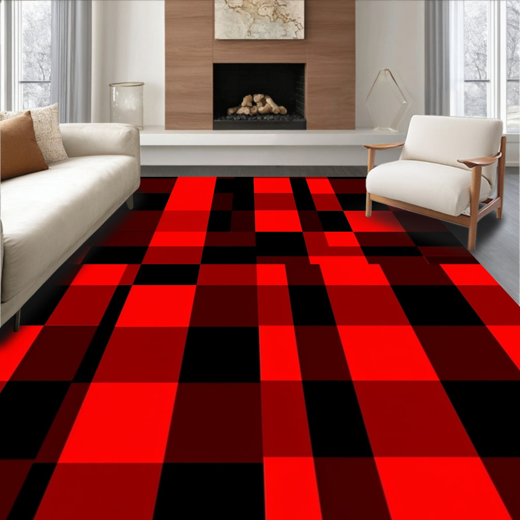 Bold Red Black Checkered Pattern Rug