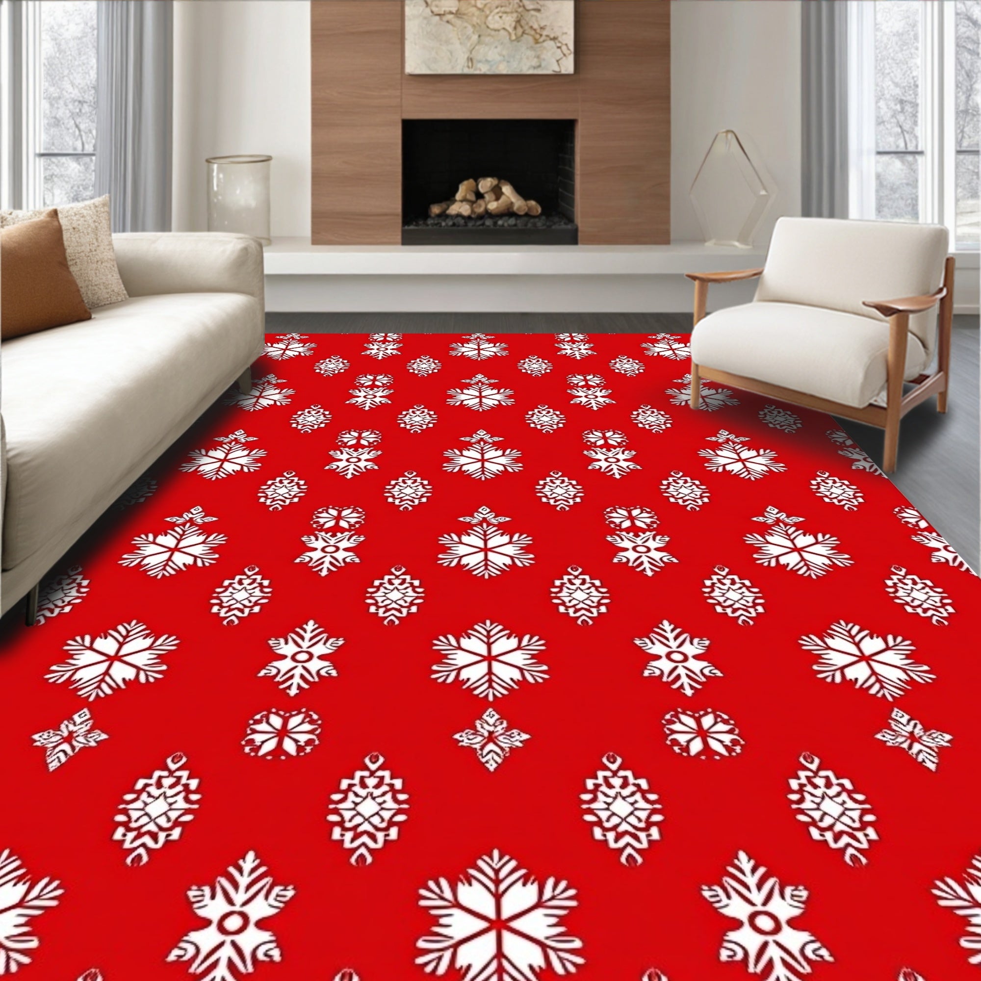 Festive Red White Snowflake Pattern Rug