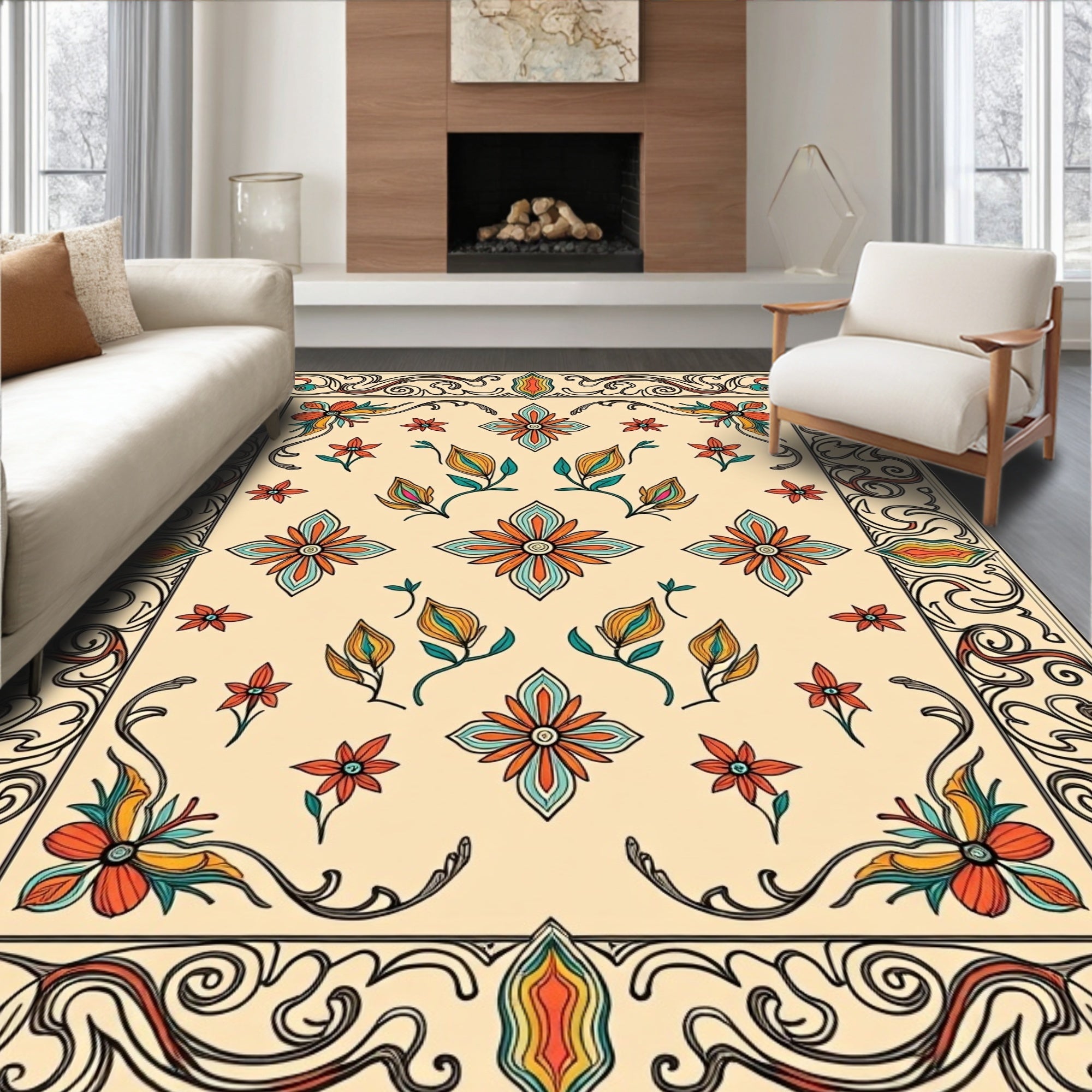 Art Nouveau Floral Symmetry Pattern Rug