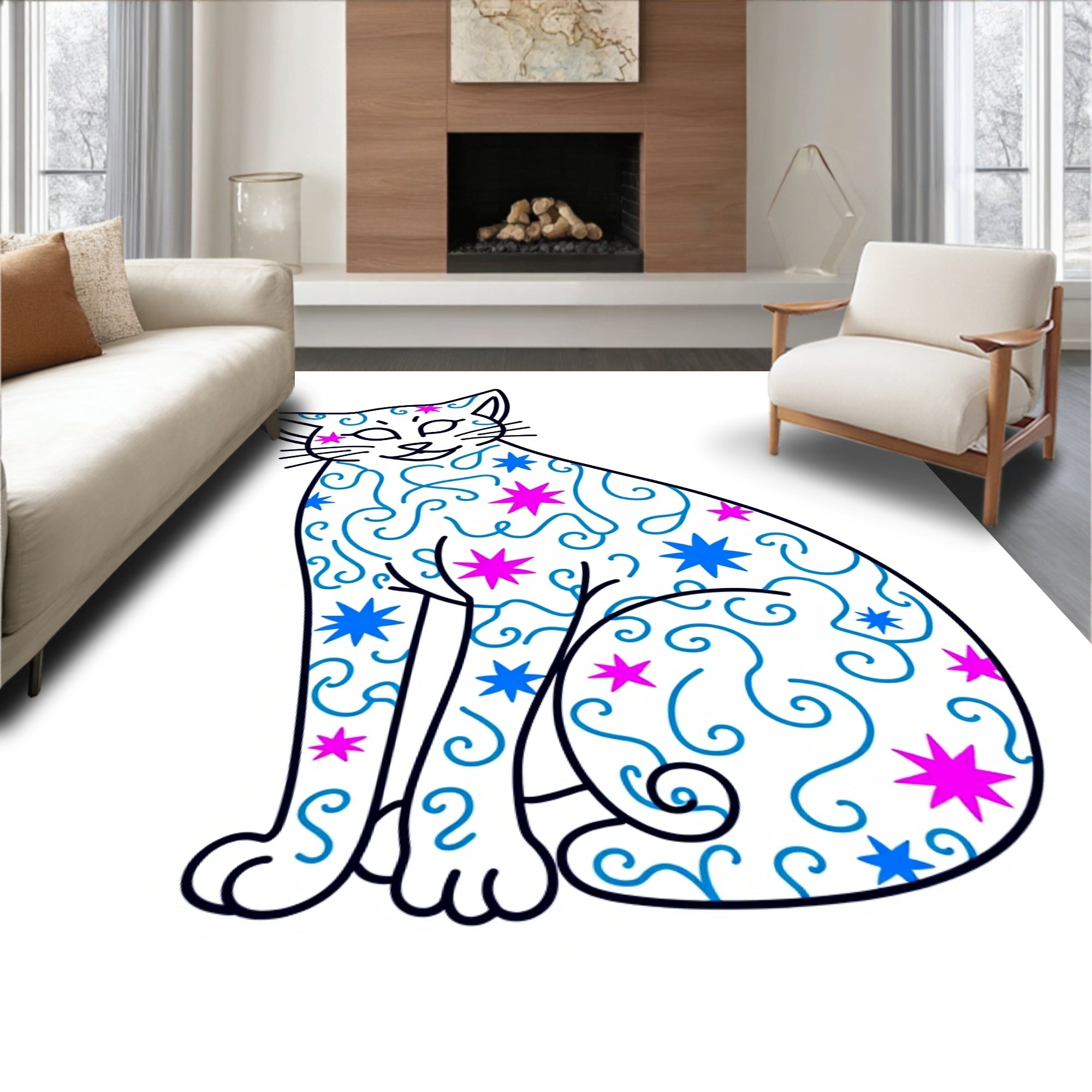 Whimsical Star Cat With Swirls Pattern Rug