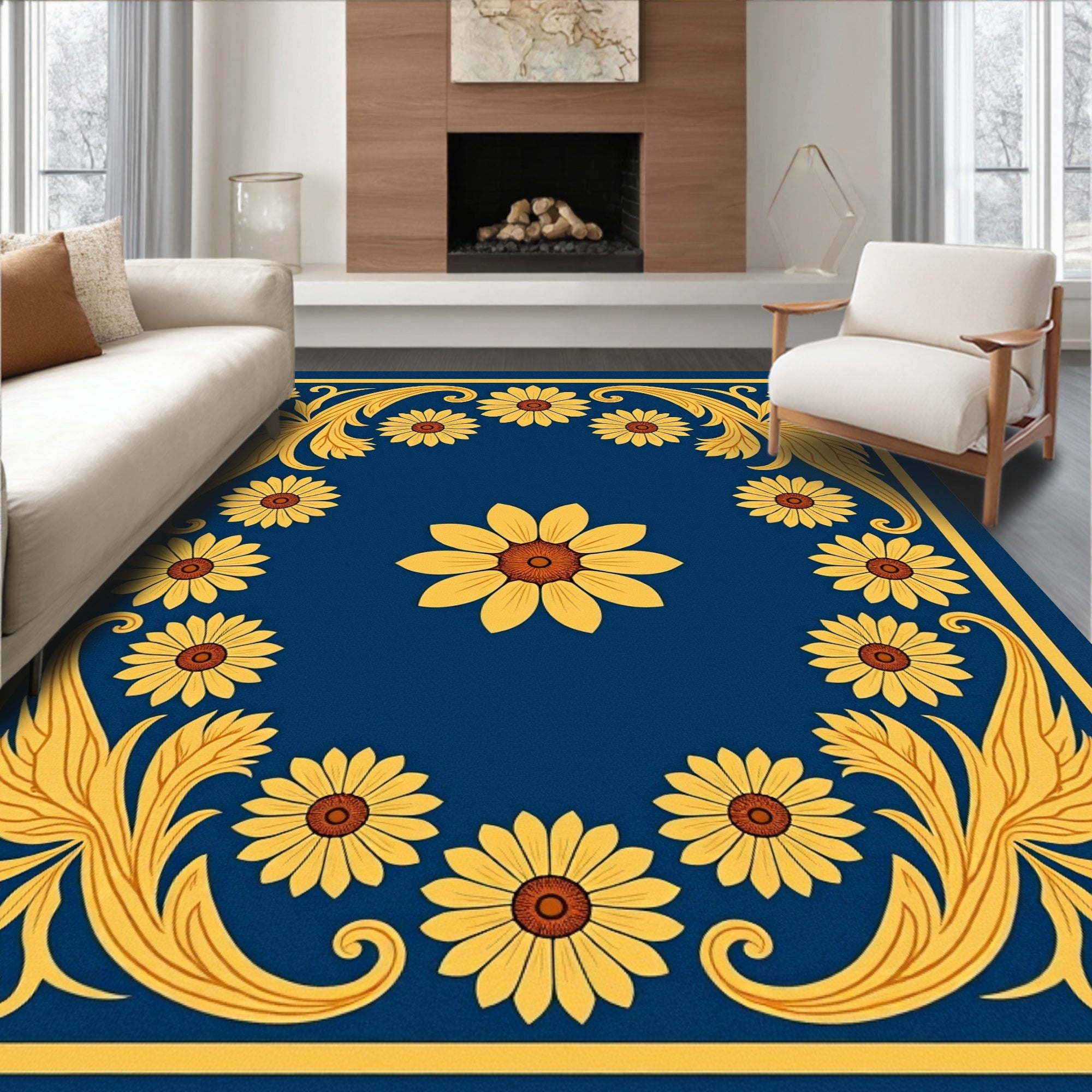Symmetrical Floral Border With Centerpiece Rug