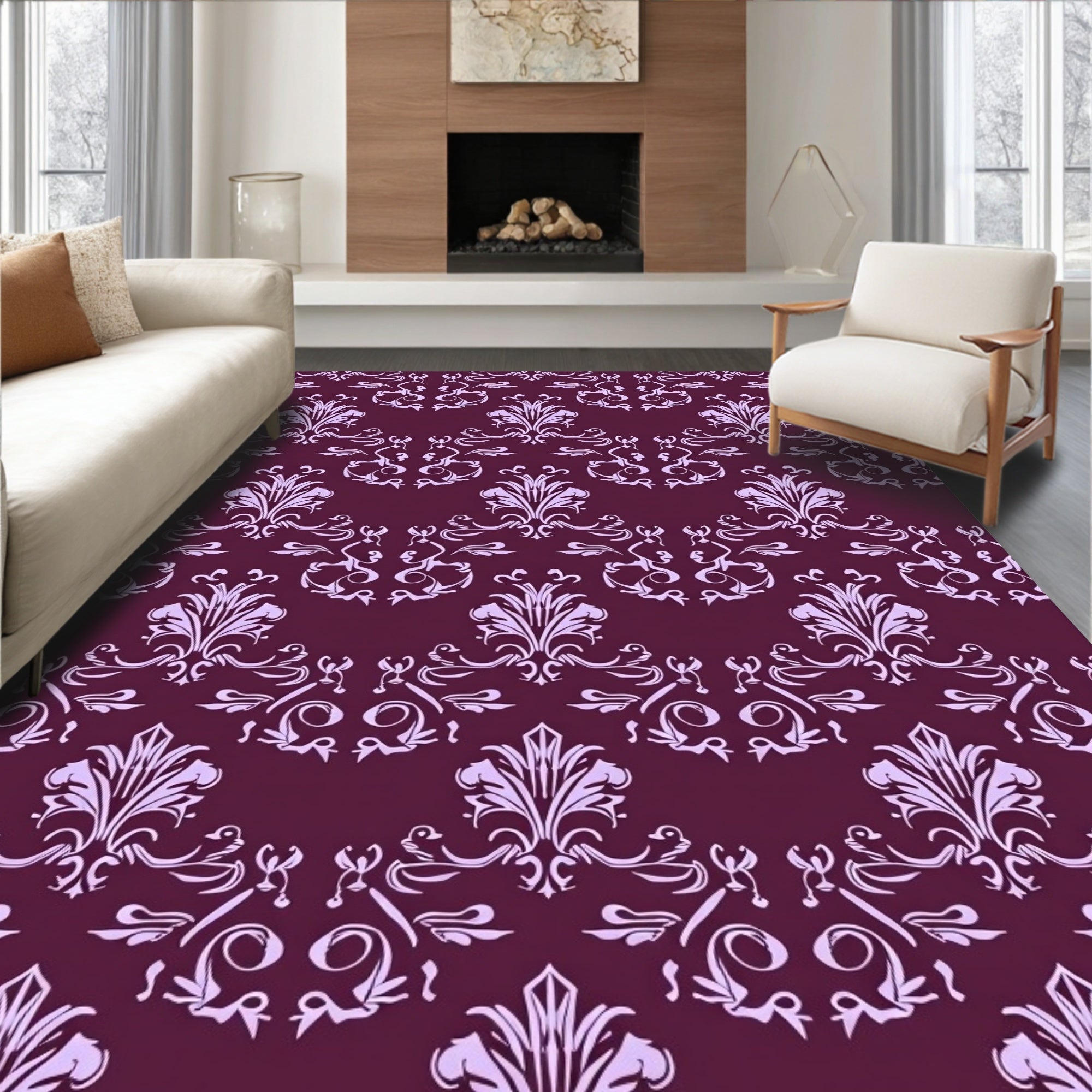 Rich Plum Damask Floral Design Rug