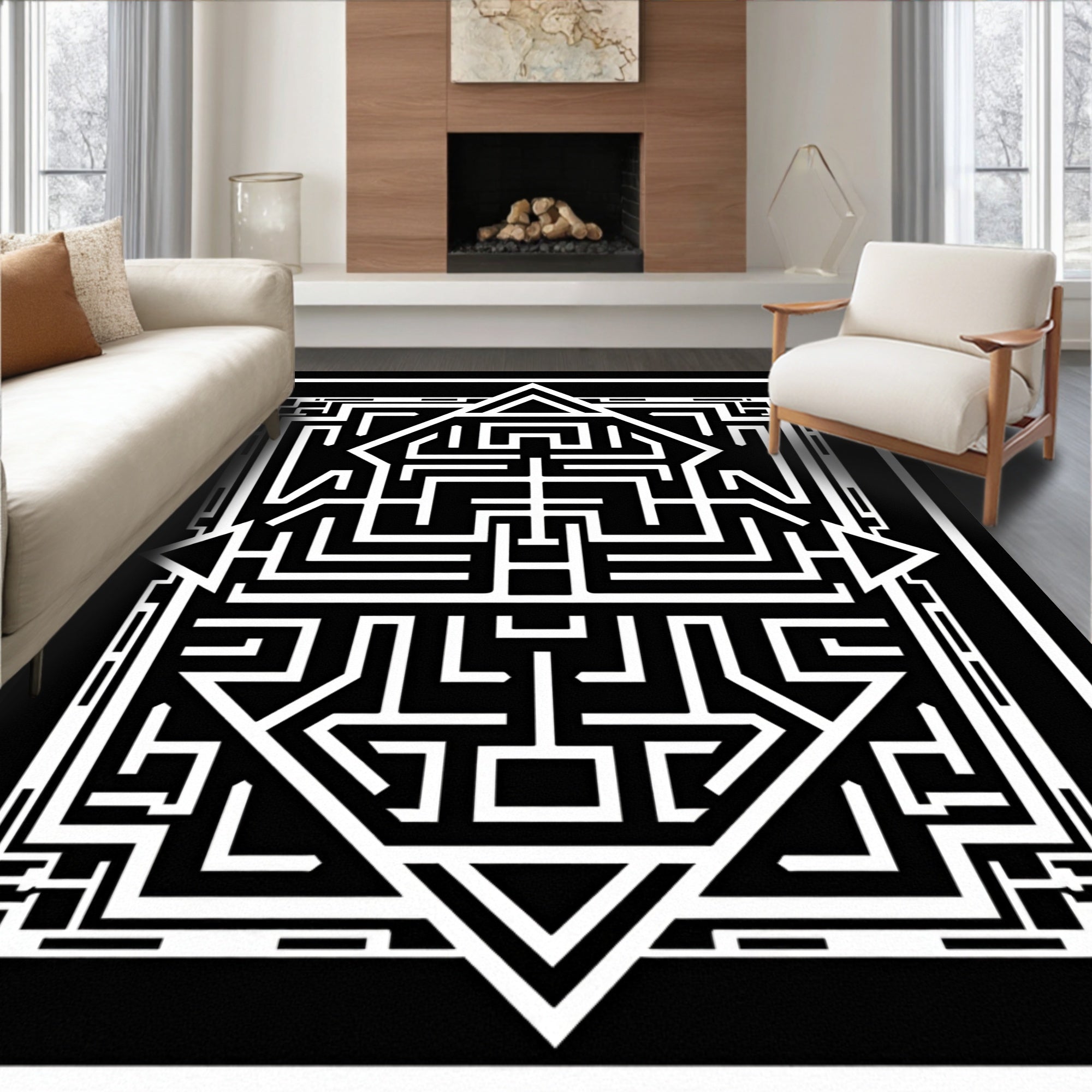 Black White Maze Geometric Design Rug