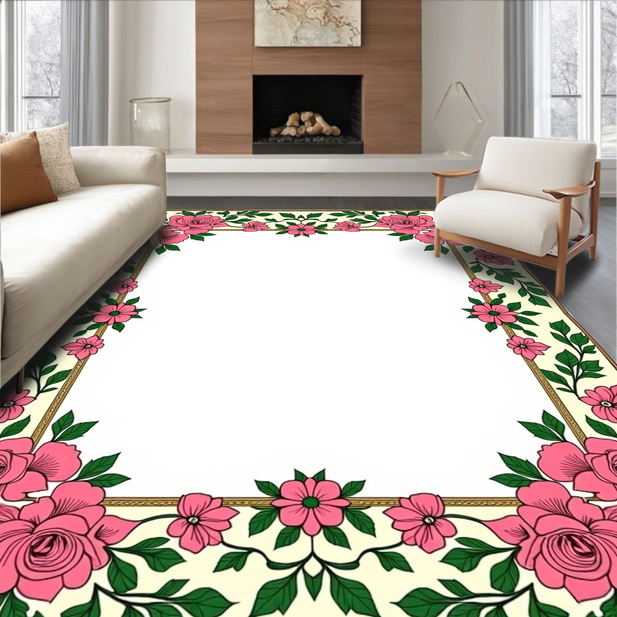 Elegant Pink Rose Floral Border Pattern Rug