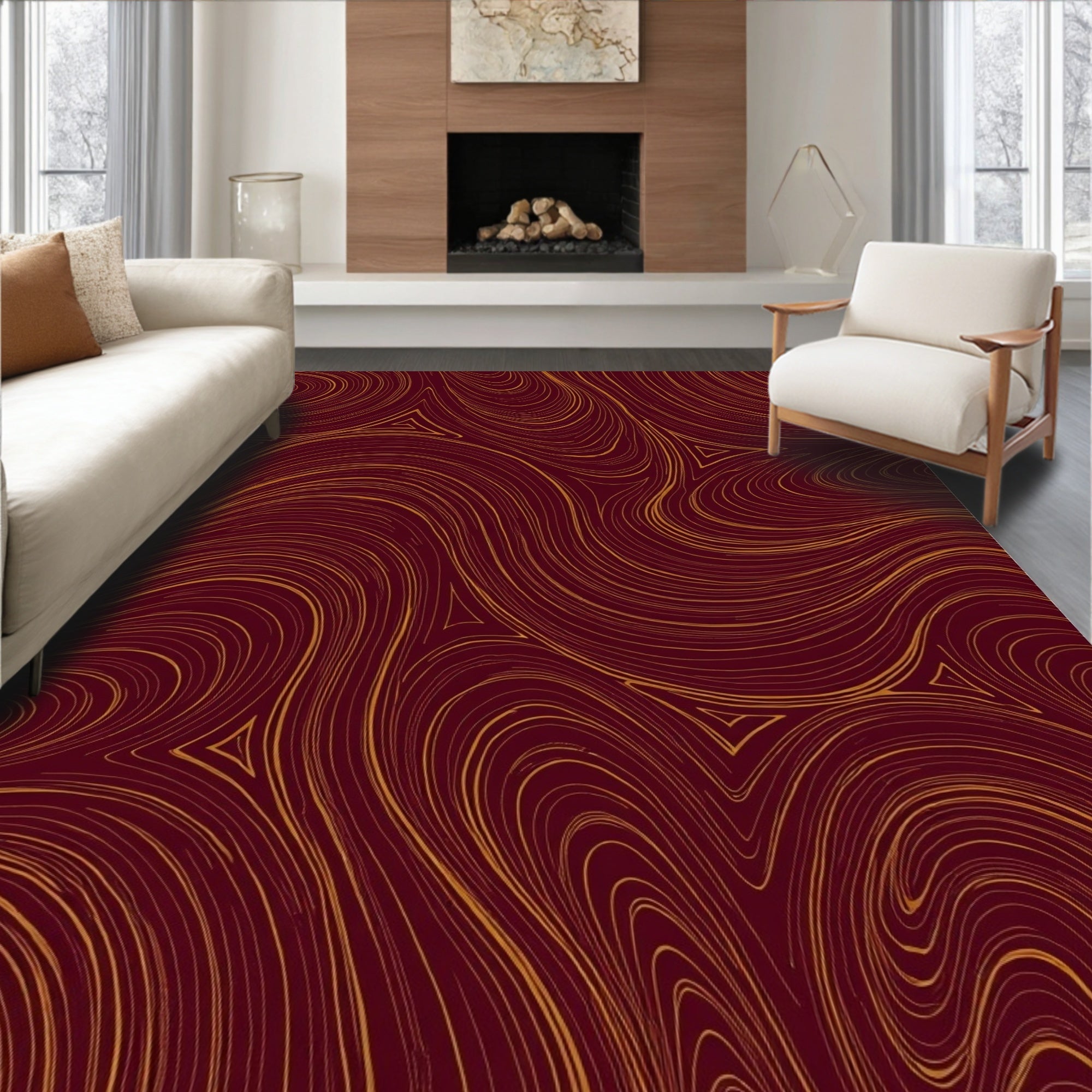 Maroon Gold Swirl Pattern Rug