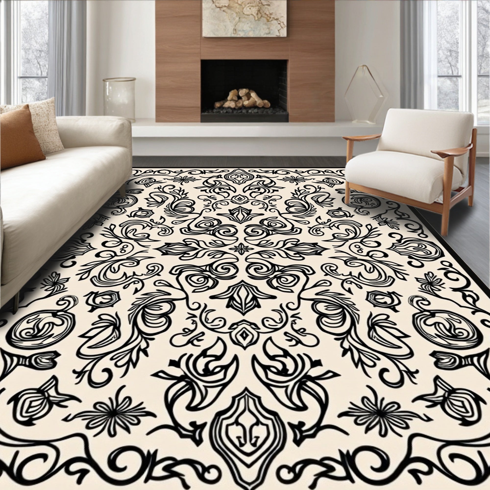 Ornate Black Floral Scroll Pattern Rug