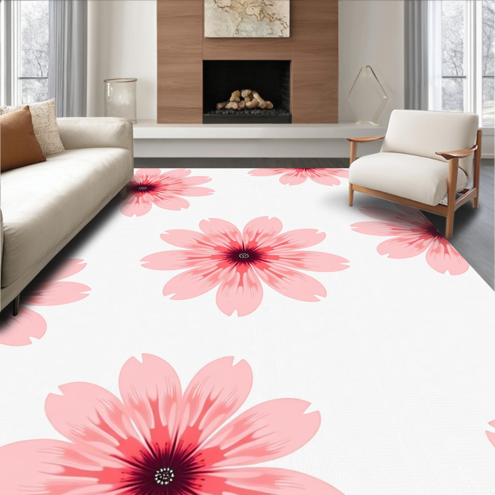Pink Floral Blooms Pattern Rug