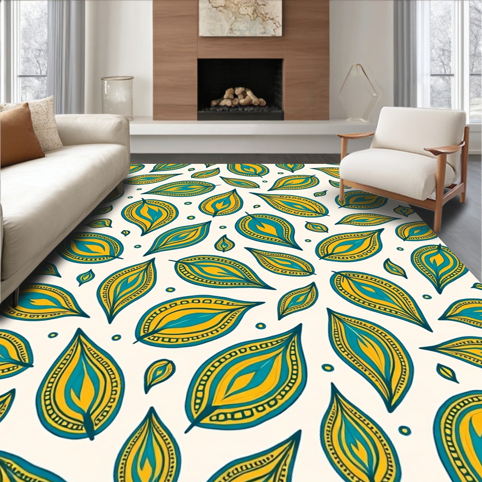 Turquoise Yellow Leaf Pattern Design Rug
