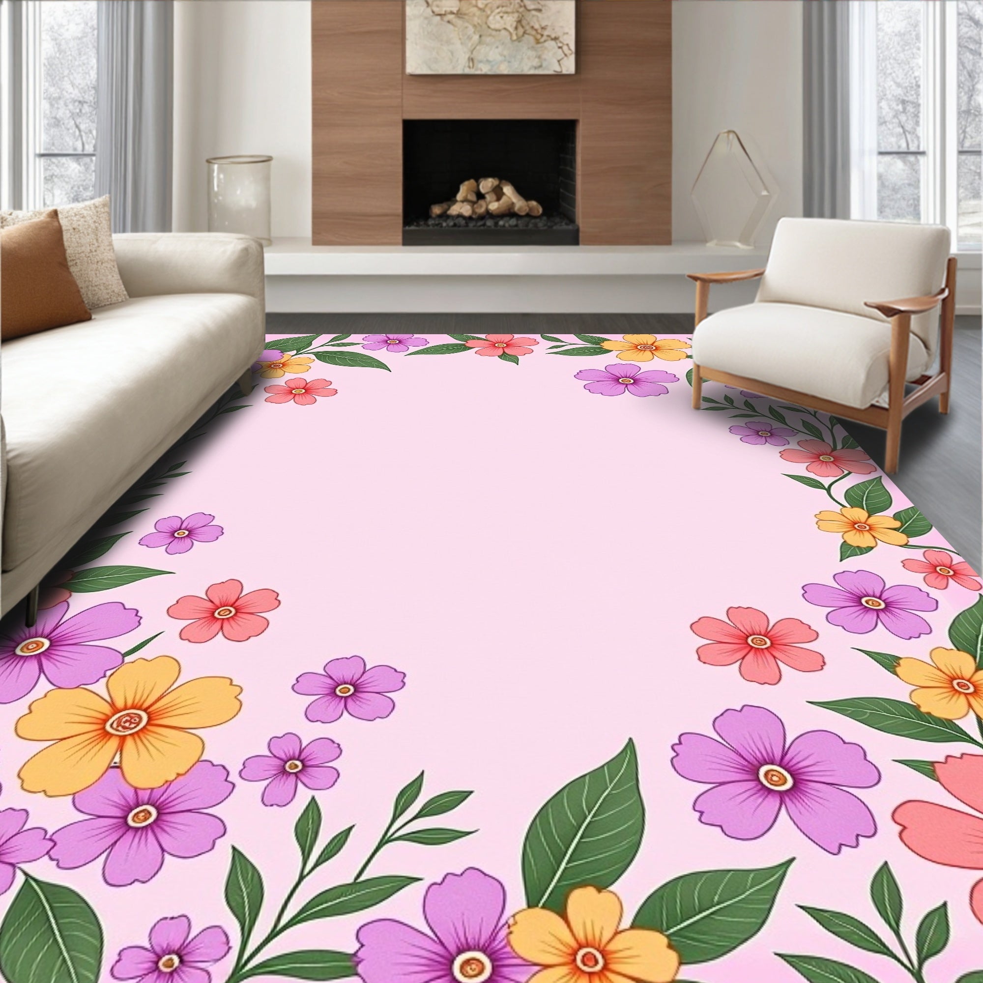 Pink Floral Border with Green Leaves Rug