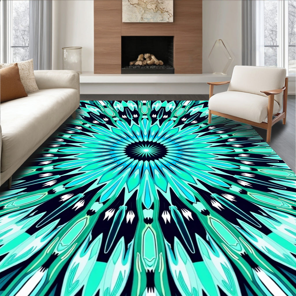 Cool Blue Radiant Mandala Design Rug