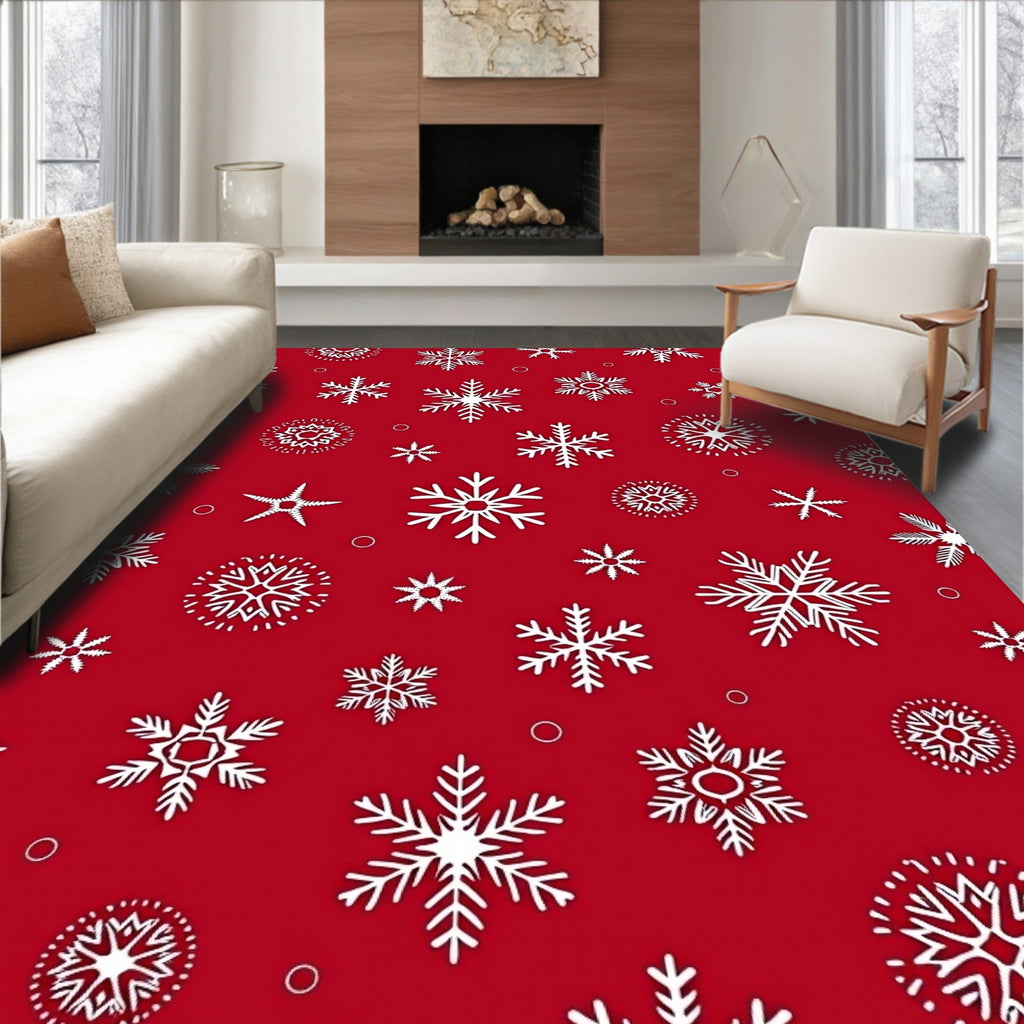 Winter Snowflake Patterned Red Rug