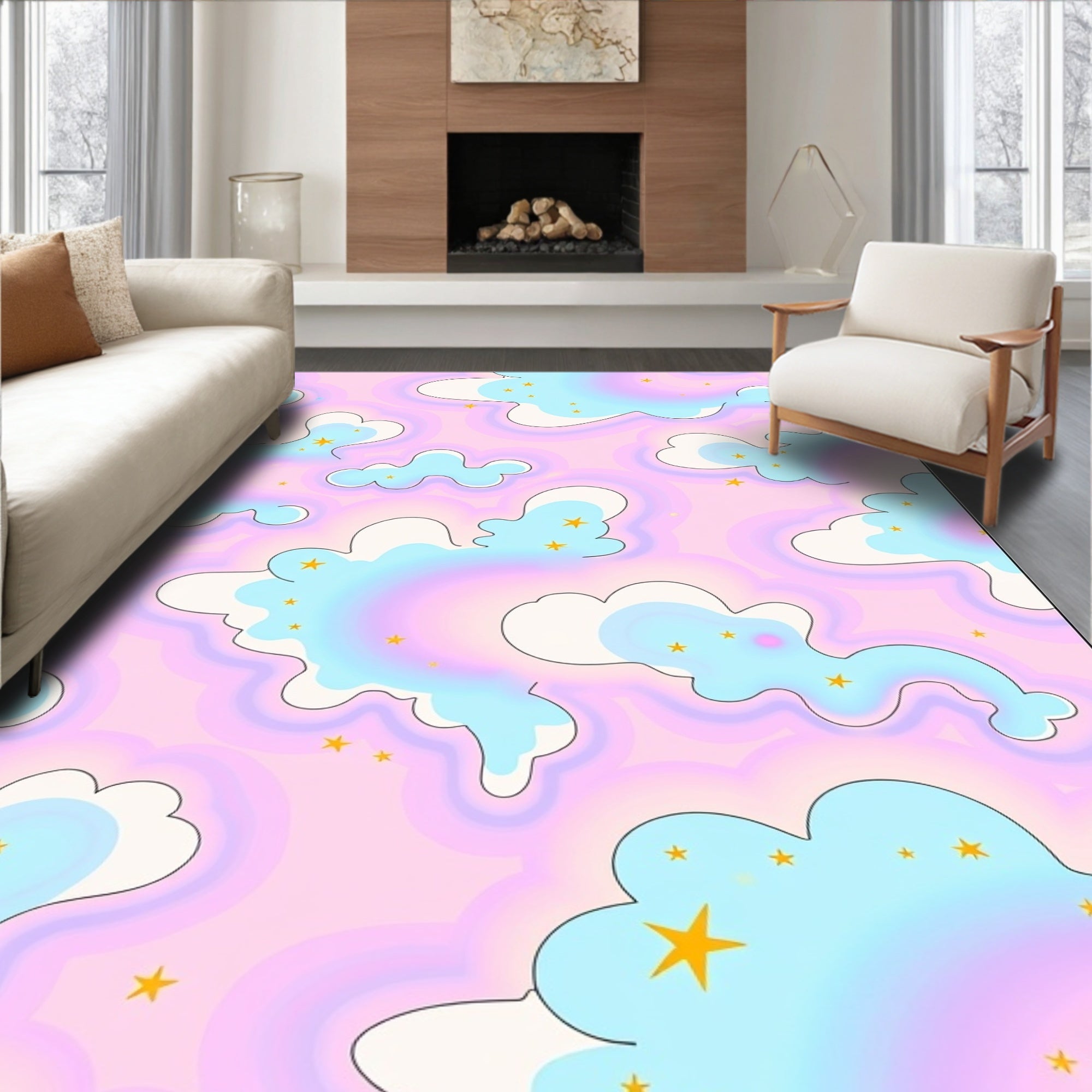 Dreamy Cloud Pattern with Stars Rug