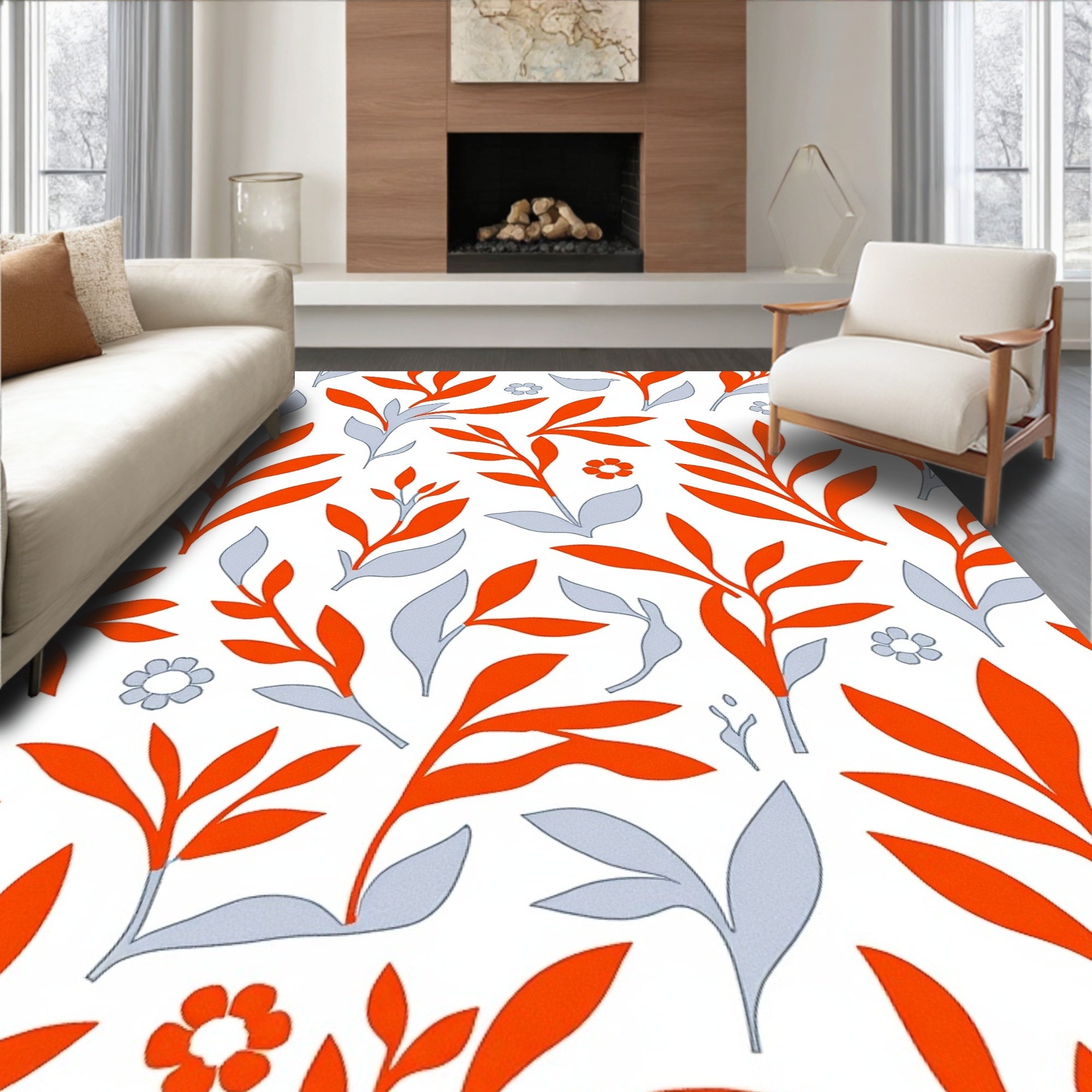 Orange Floral Leaf Pattern Design Rug