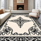 Ornate Black Floral Swirl Pattern Rug