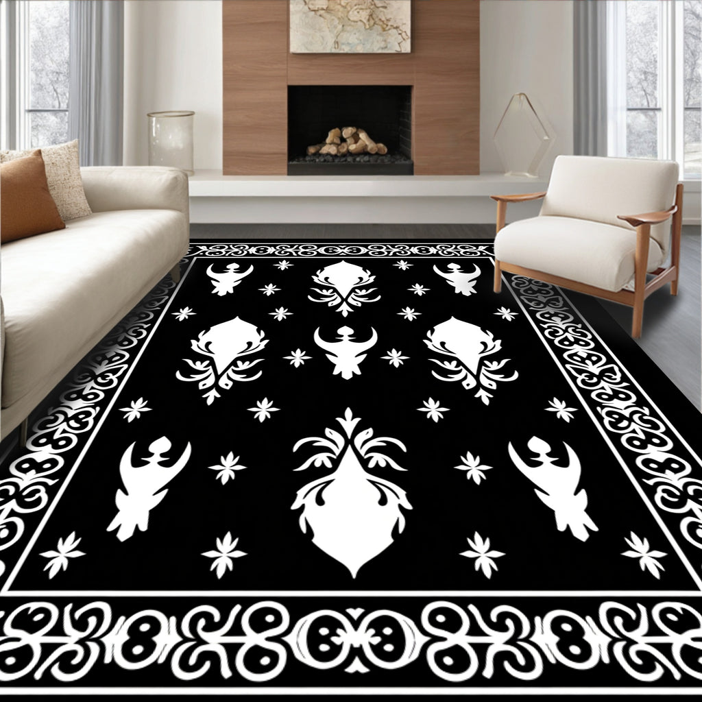 Ornate Black White Damask Pattern Rug