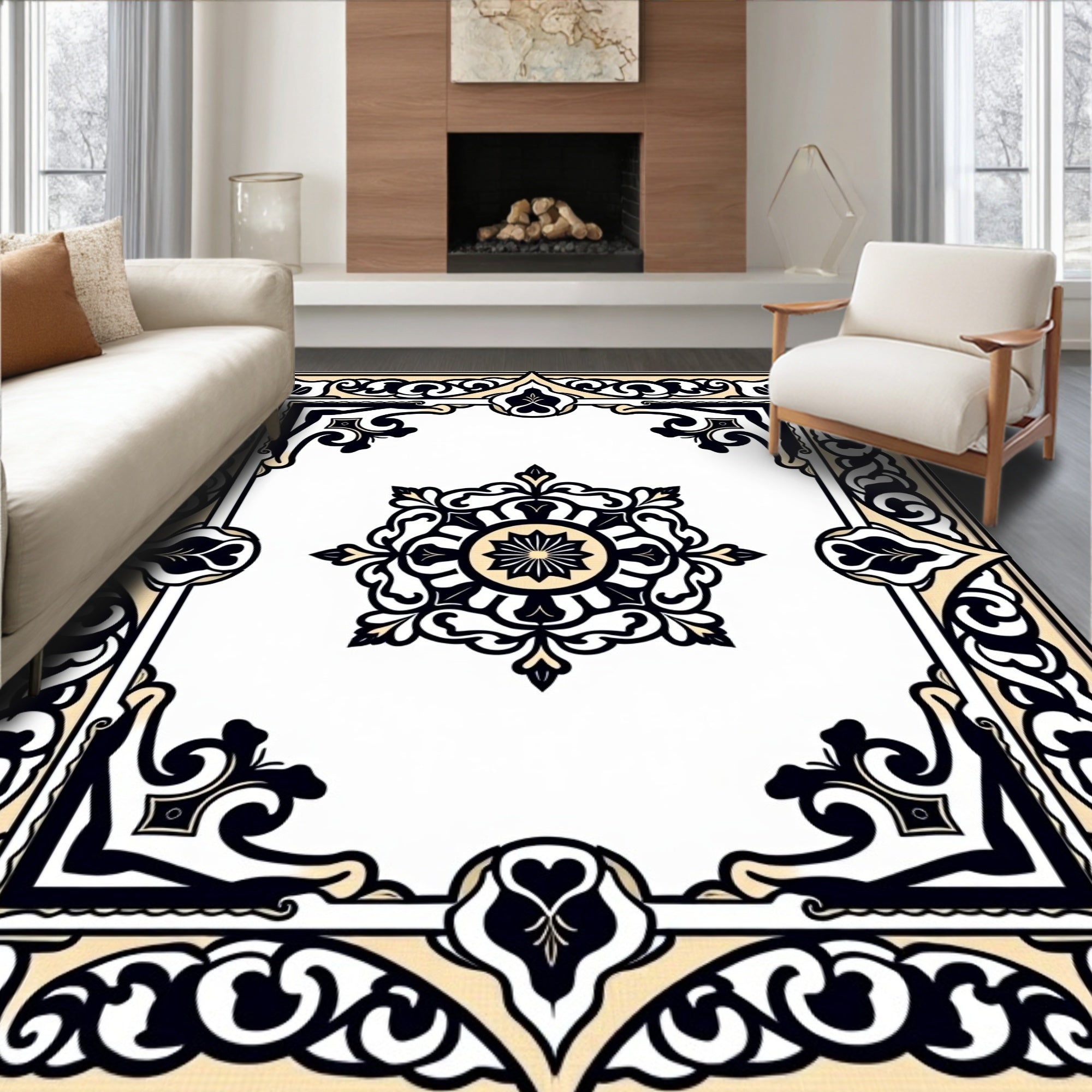 Elegant Black Cream Floral Medallion Rug