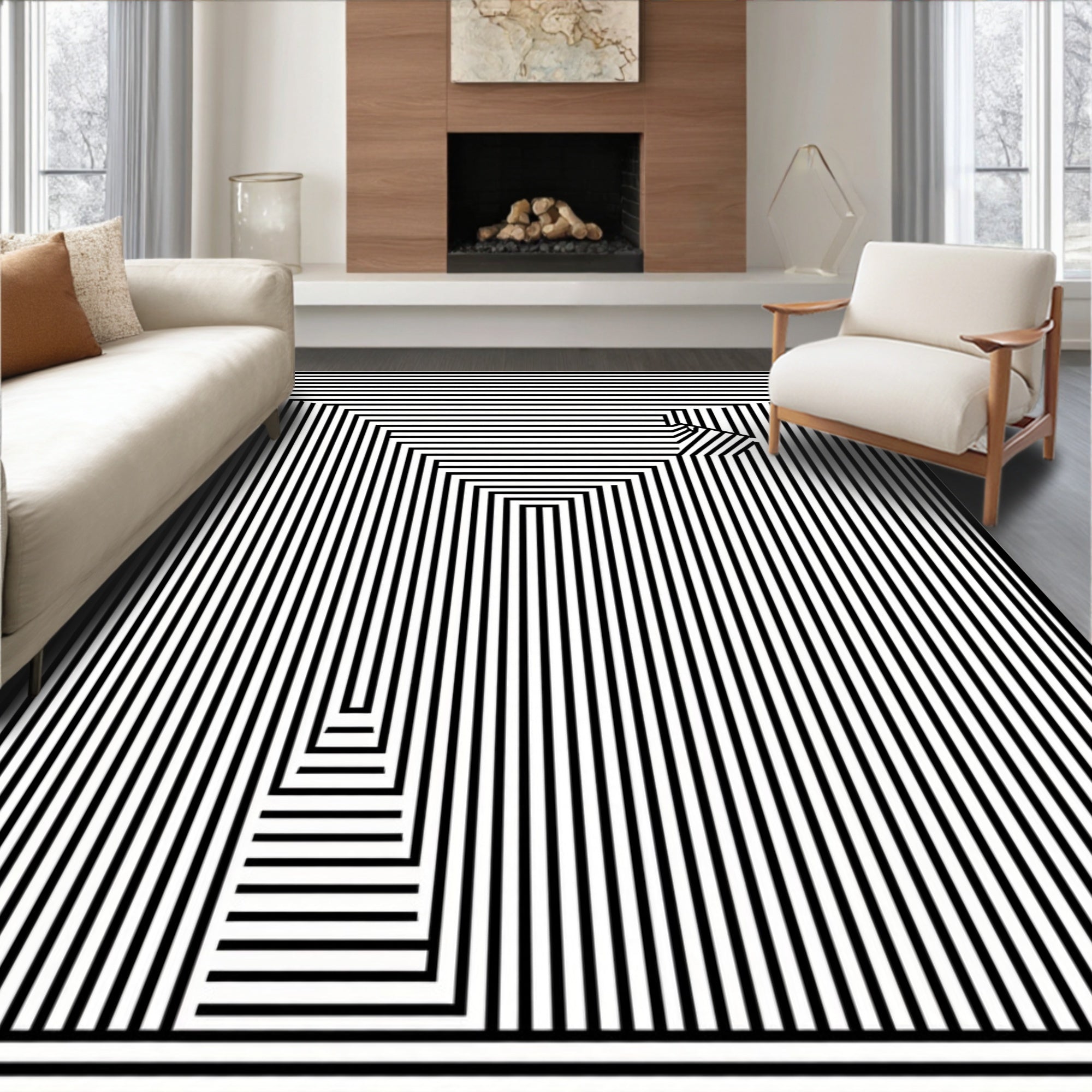 Abstract Black White Geometric Maze Rug