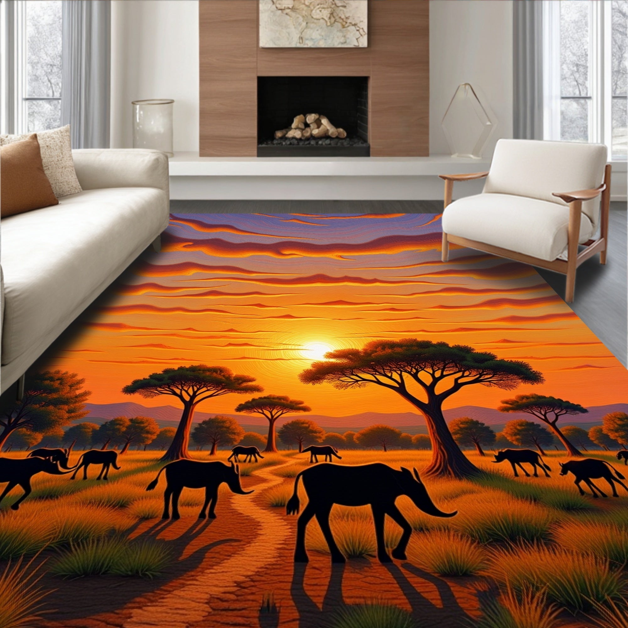 Sunset Savannah Elephant Landscape Rug