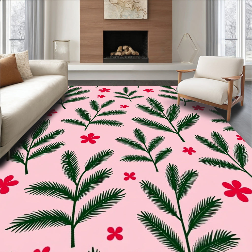 Green Fir Branches Red Flowers Rug