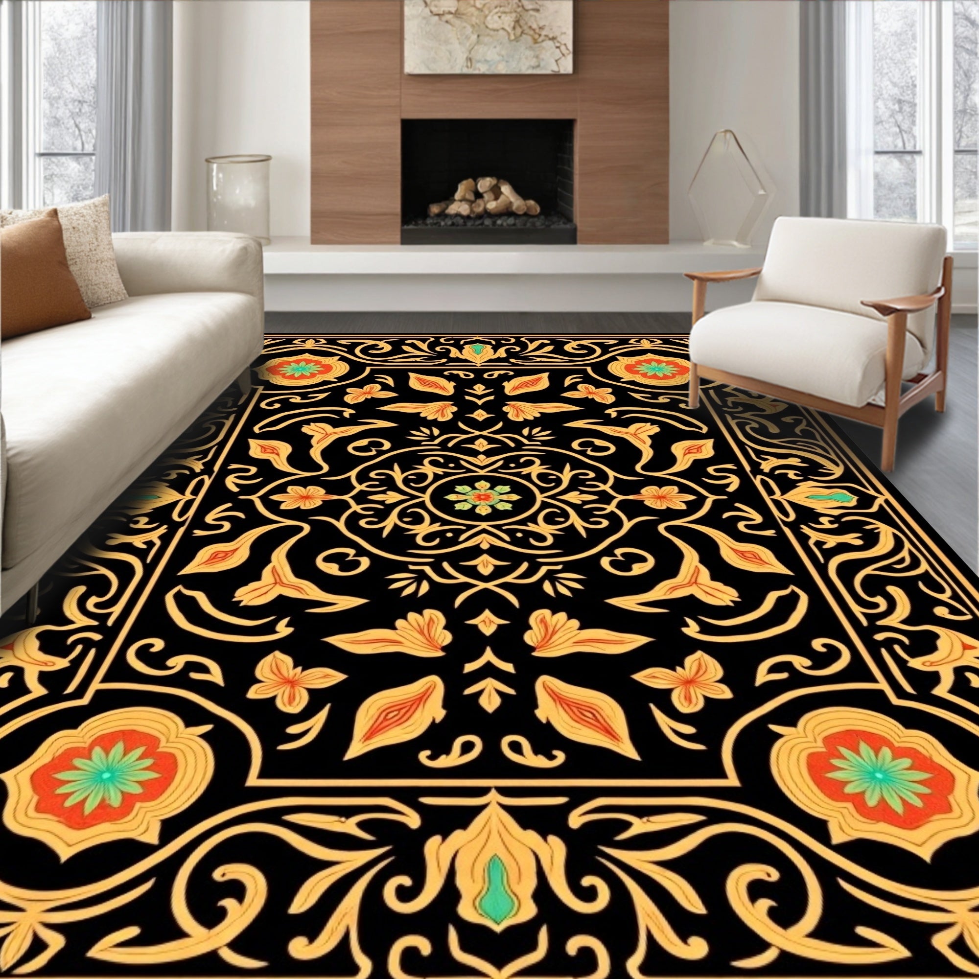 Ornate Floral Black Gold Rug