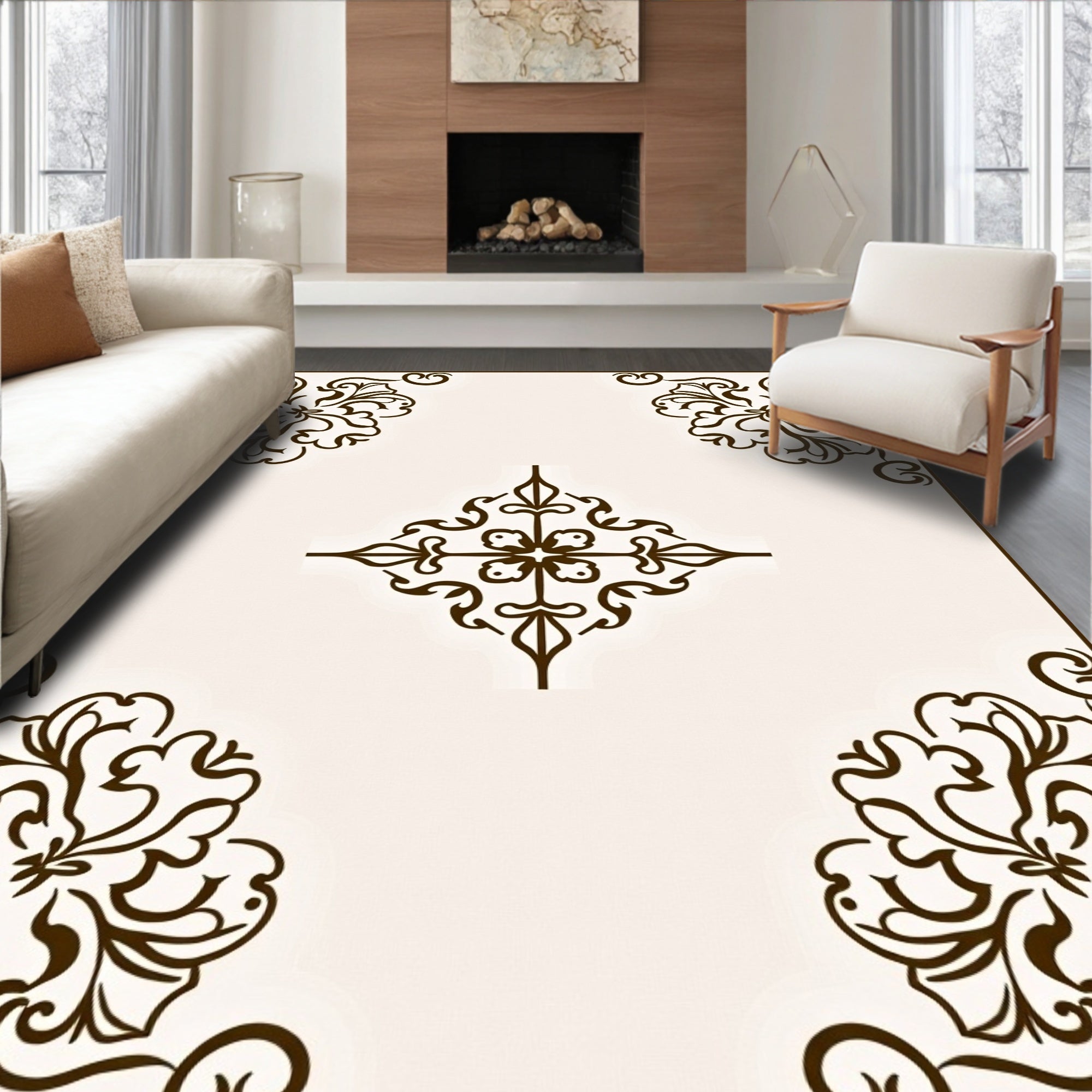 Elegant Floral Scrollwork Border Rug