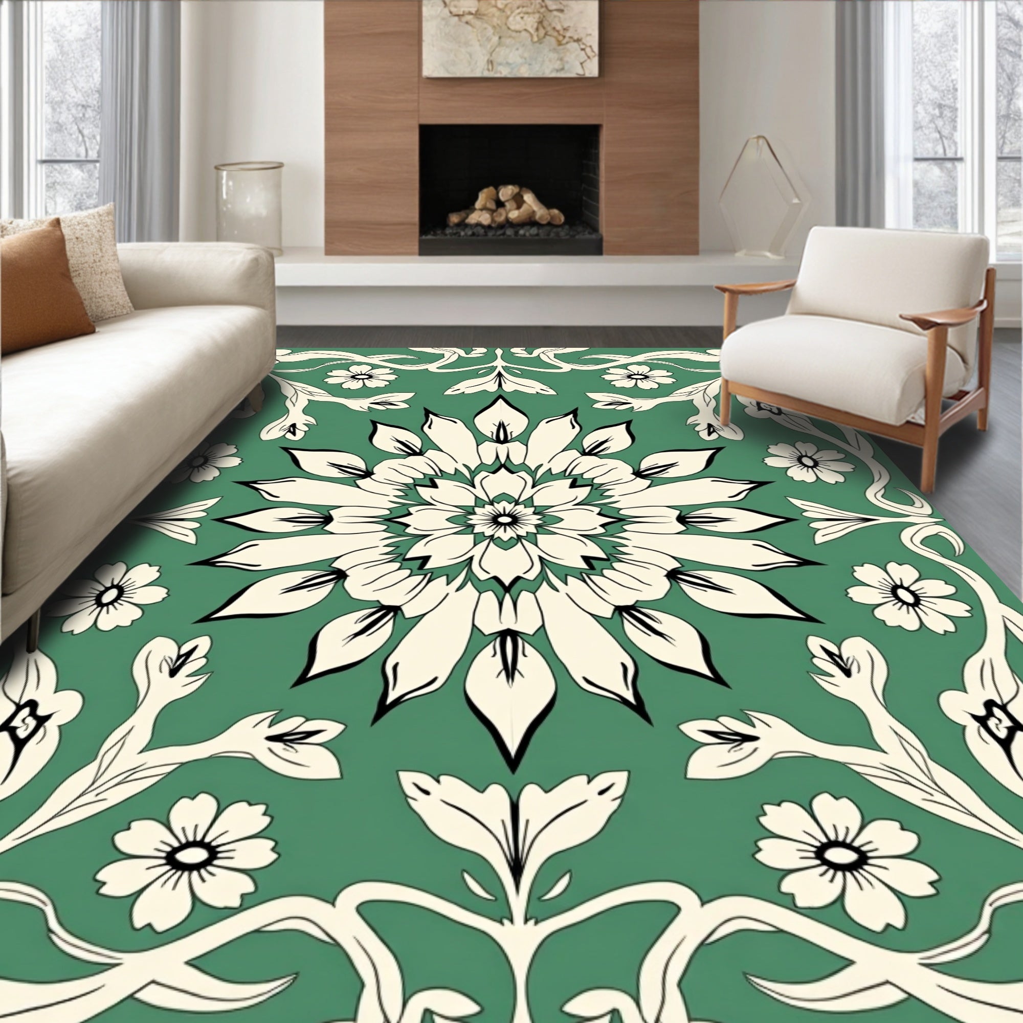 Green Floral Medallion Pattern Rug