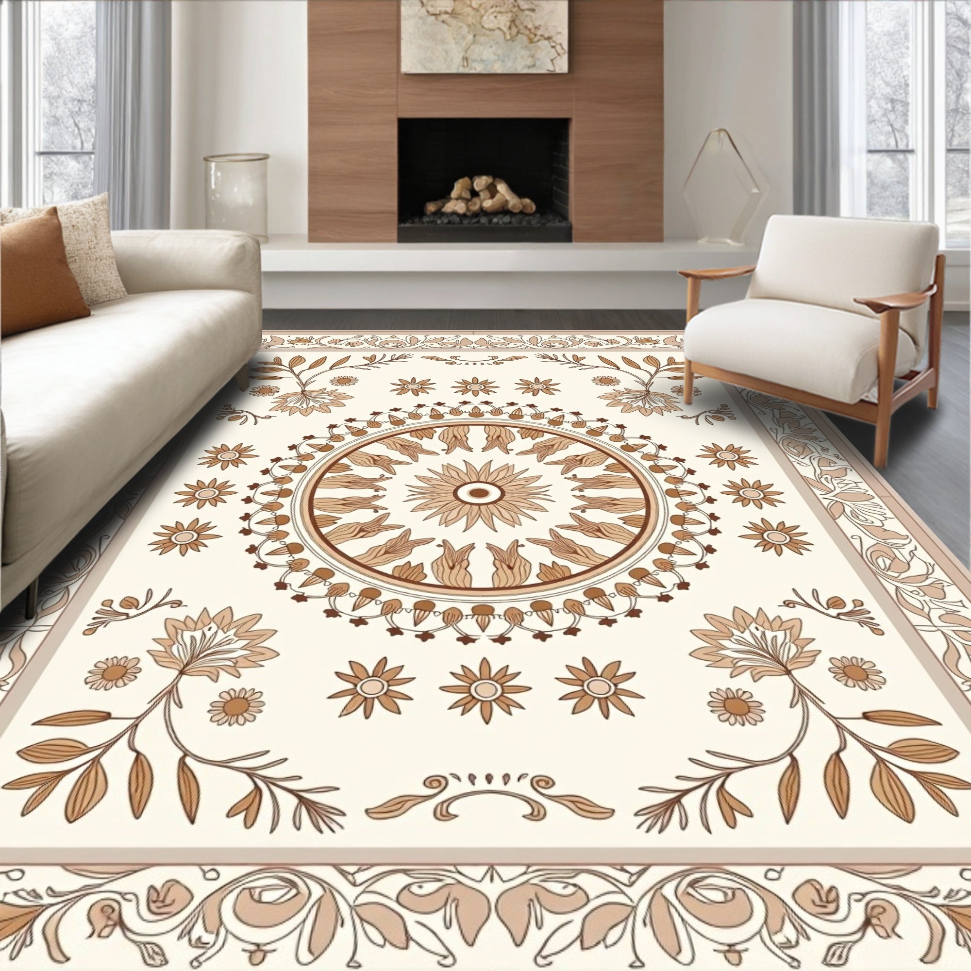 Floral Medallion Patterned Earthy Tones Rug