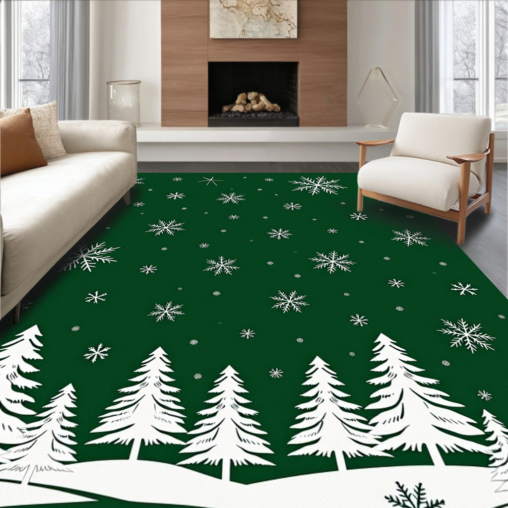 Winter Snowfall Evergreen Forest Design Rug