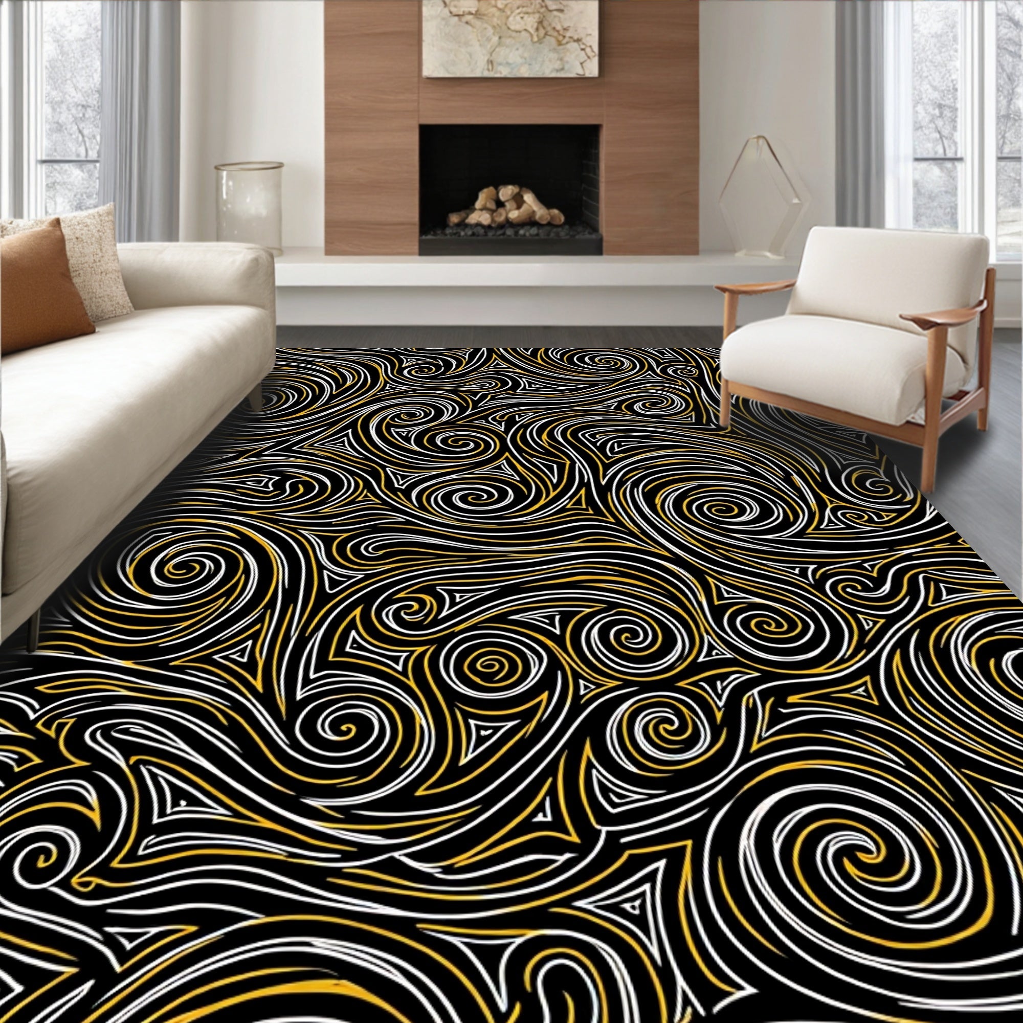 Bold Swirls Black Gold Pattern Rug